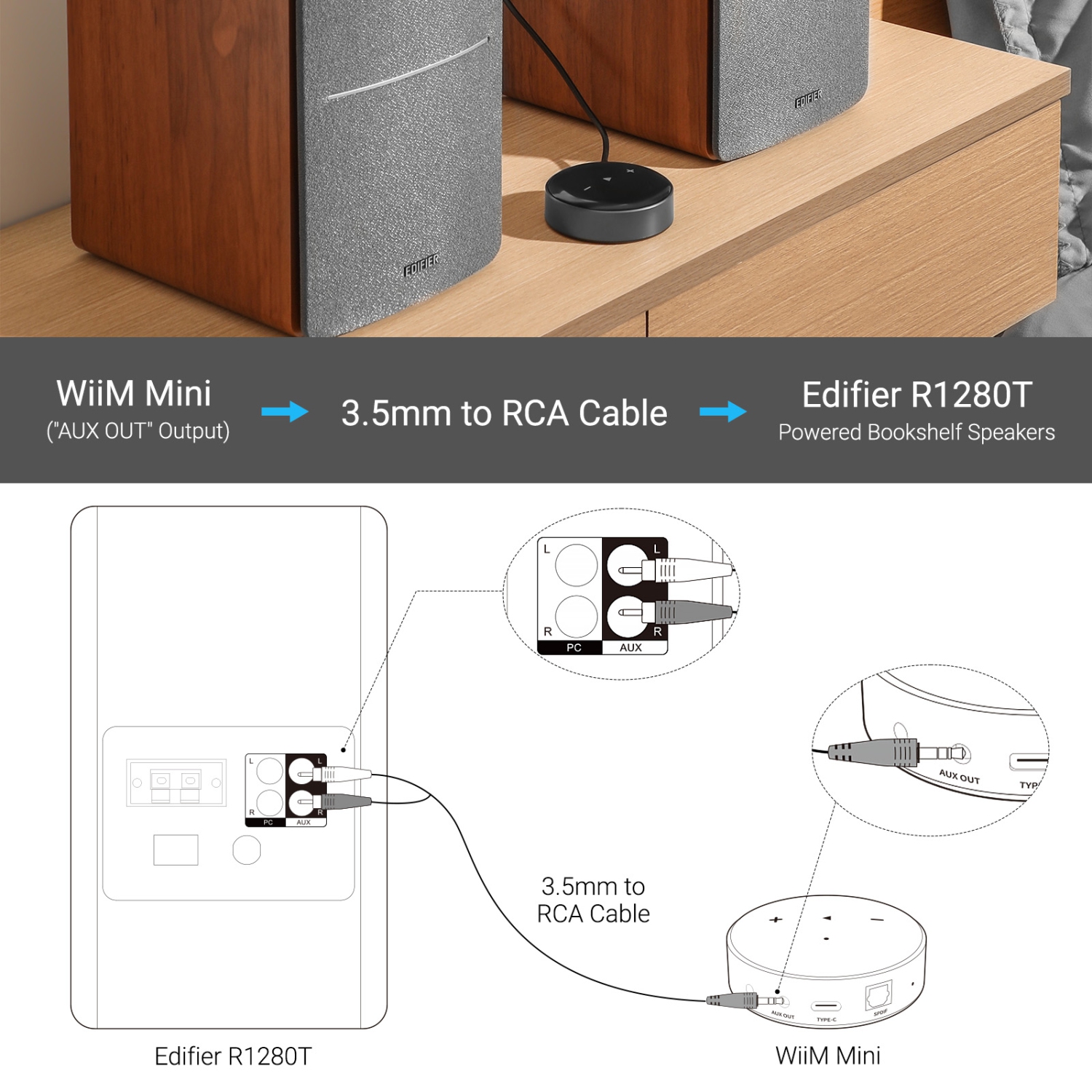 Edifier R1280T Powered Bookshelf Speakers with WiiM Mini Wi-Fi Audio Streamer, Stream Hi-Res Audio from Spotify, Amazon Music and More