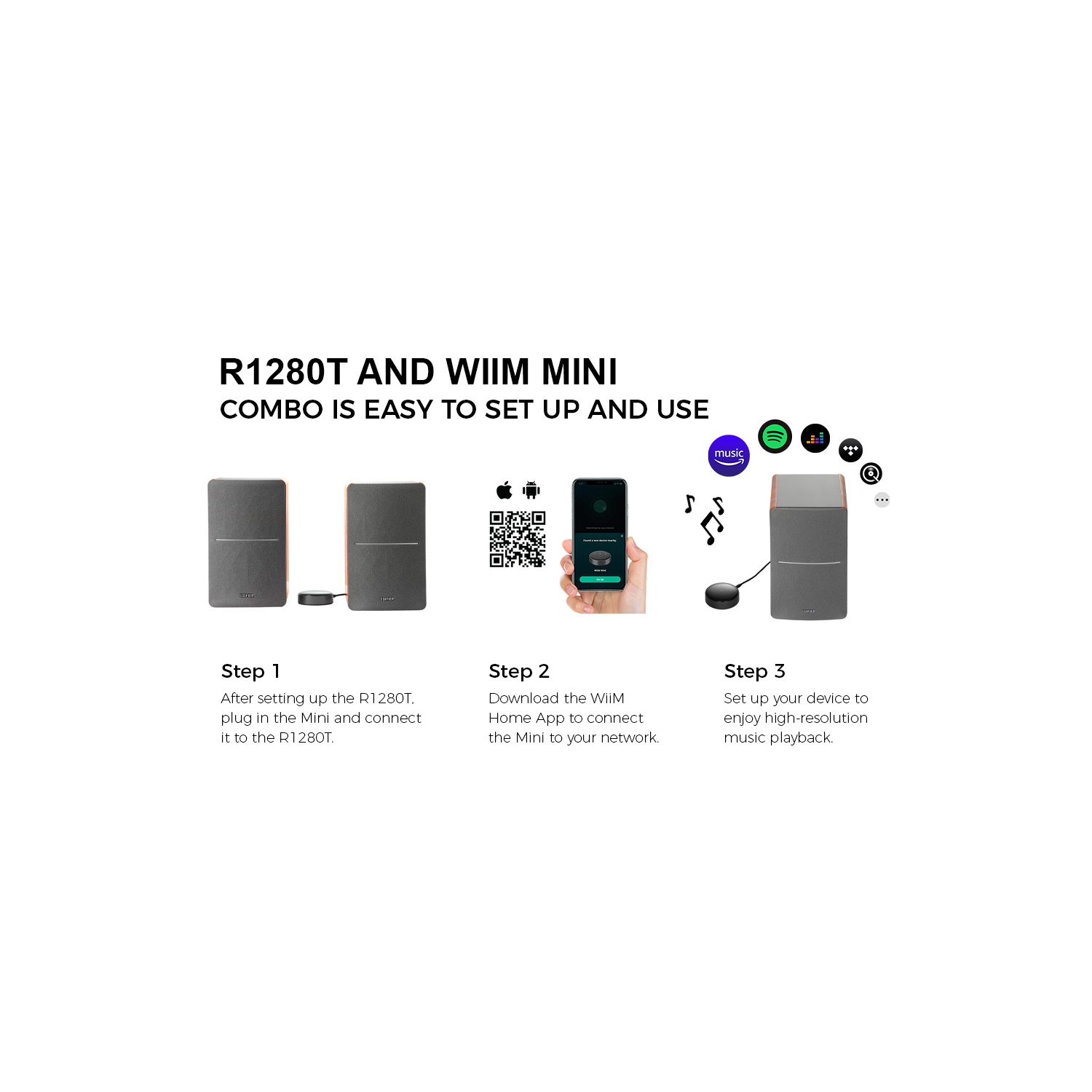 Edifier R1280T Powered Bookshelf Speakers with WiiM Mini Wi-Fi Audio Streamer, Stream Hi-Res Audio from Spotify, Amazon Music and More