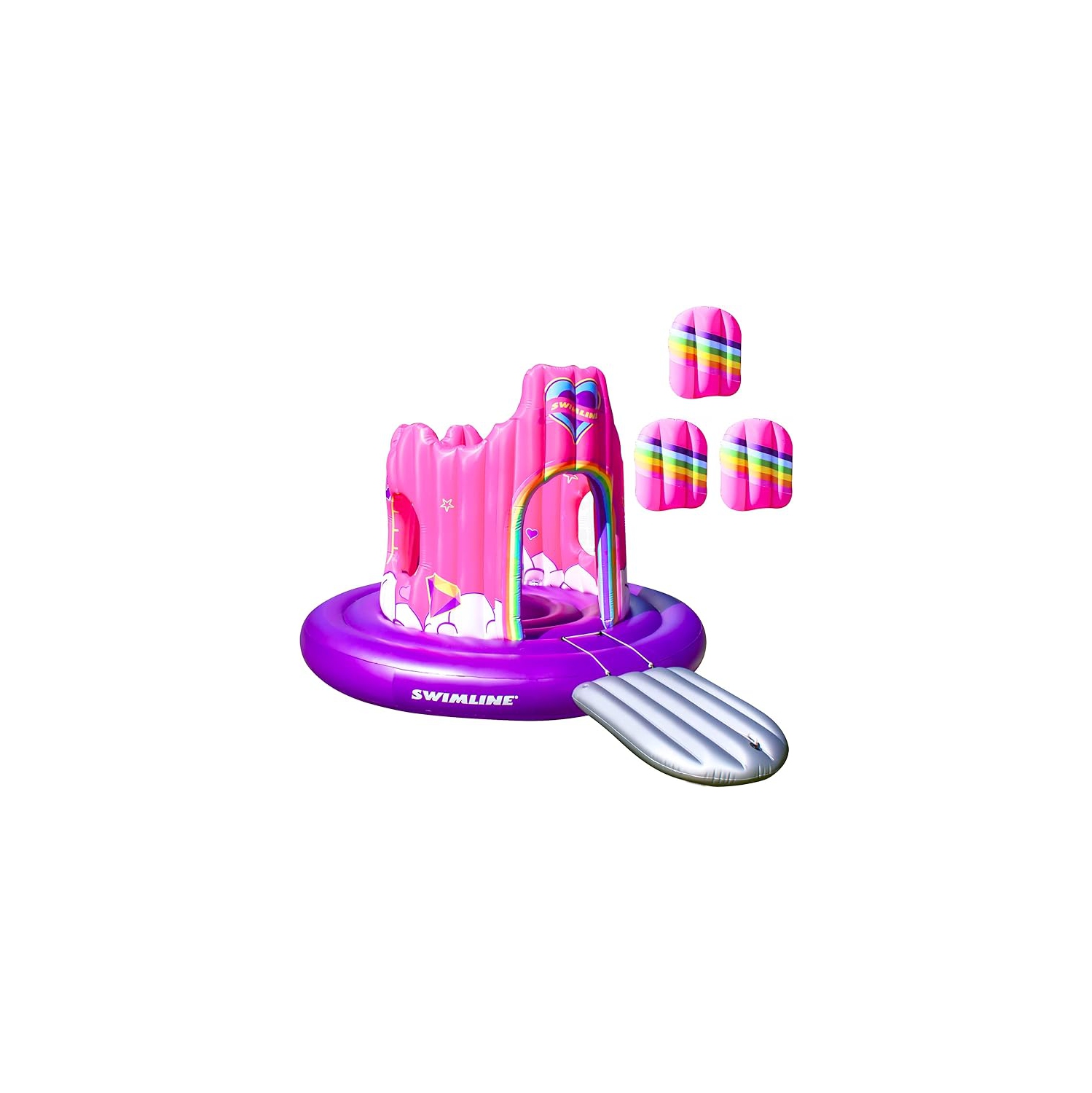 Flotteur de piscine gonflable en forme d'île en forme de licorne Castle de 82 po