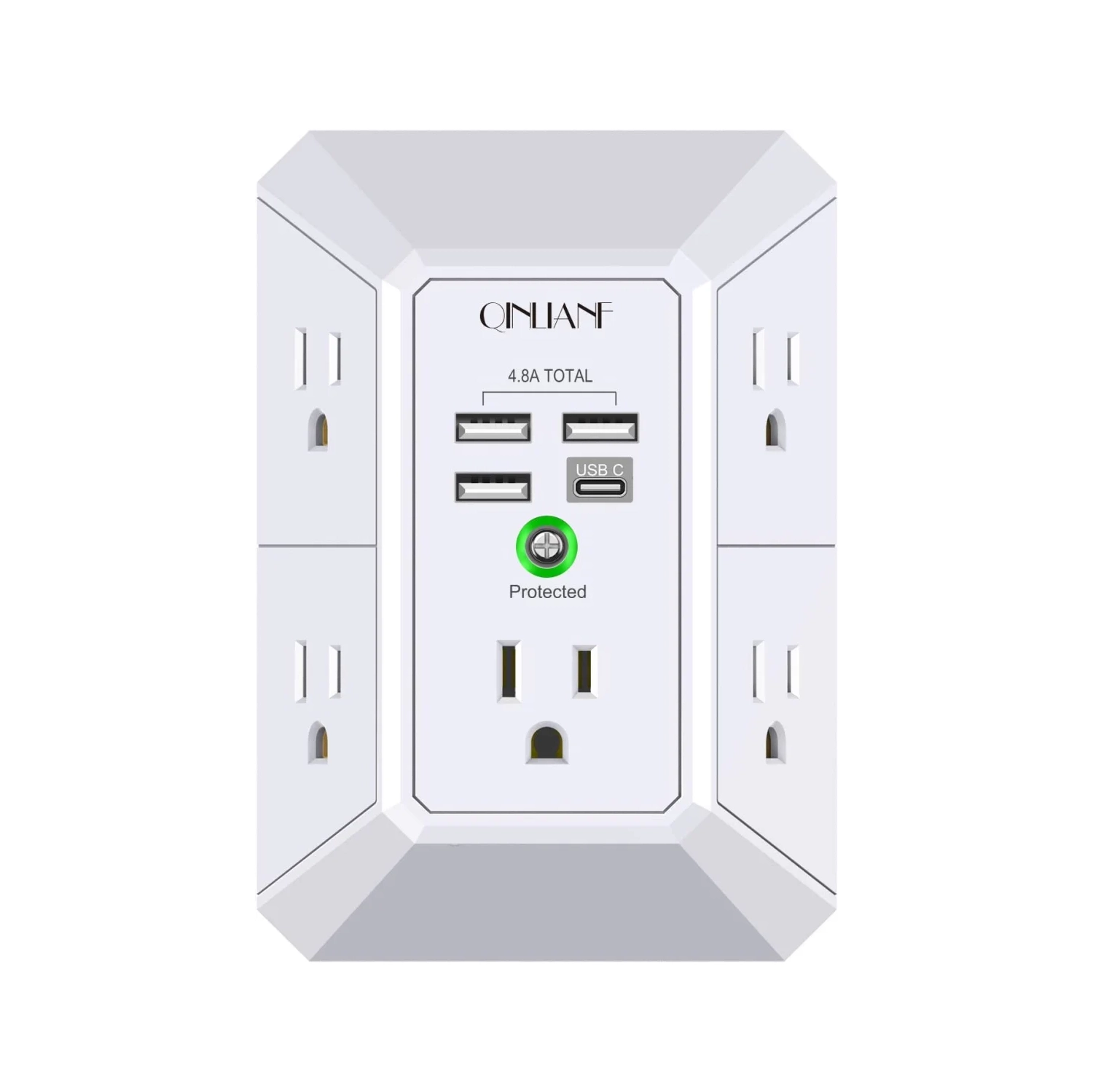 USB Wall Charger Surge Protector - 5 Outlet Extender with 4 USB Charging Ports - 3-Sided 1680J Power Strip Multi Plug Outlets Wall Adapter - Spaced