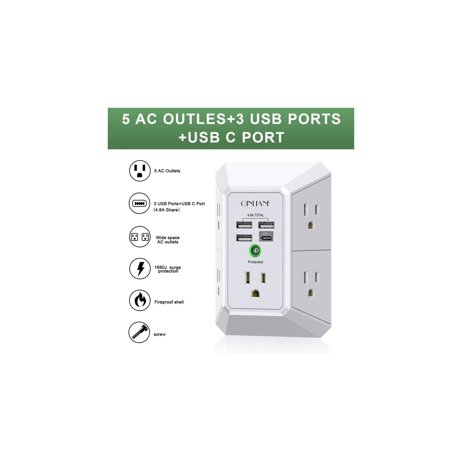 USB Wall Charger Surge Protector - 5 Outlet Extender with 4 USB Charging Ports - 3-Sided 1680J Power Strip Multi Plug Outlets Wall Adapter - Spaced