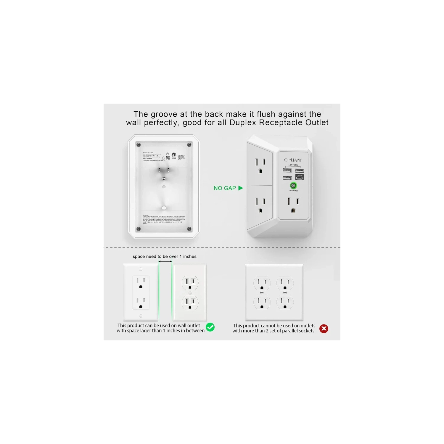 USB Wall Charger Surge Protector - 5 Outlet Extender with 4 USB Charging Ports - 3-Sided 1680J Power Strip Multi Plug Outlets Wall Adapter - Spaced