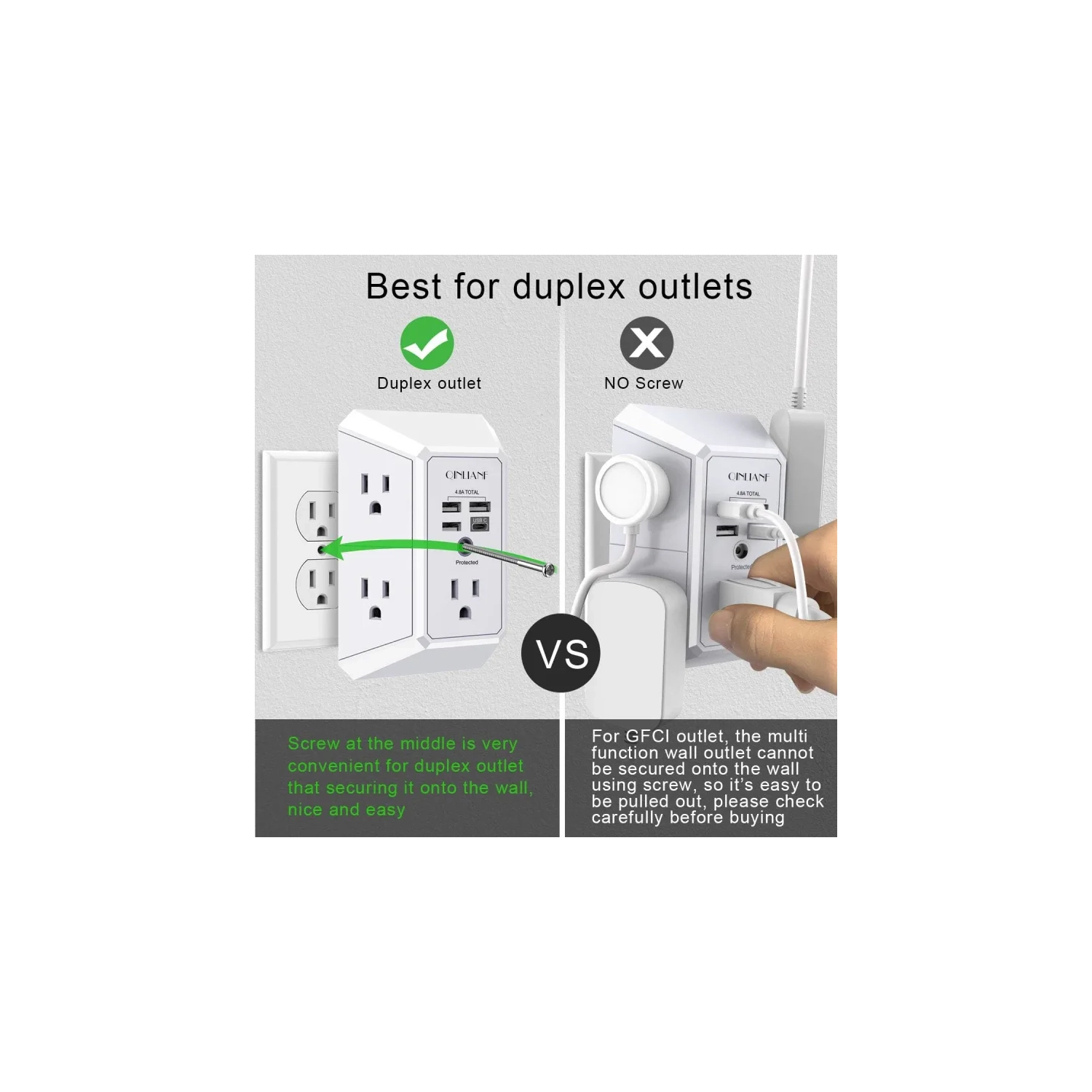 USB Wall Charger Surge Protector - 5 Outlet Extender with 4 USB Charging Ports - 3-Sided 1680J Power Strip Multi Plug Outlets Wall Adapter - Spaced