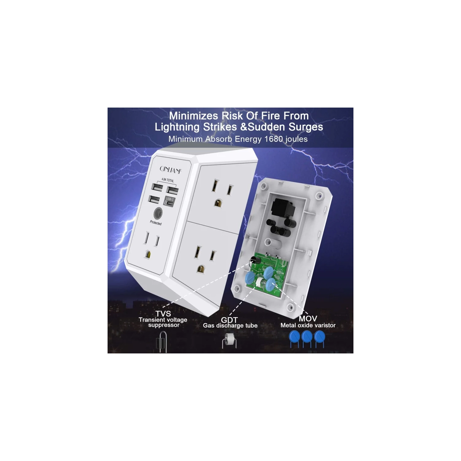 USB Wall Charger Surge Protector - 5 Outlet Extender with 4 USB Charging Ports - 3-Sided 1680J Power Strip Multi Plug Outlets Wall Adapter - Spaced