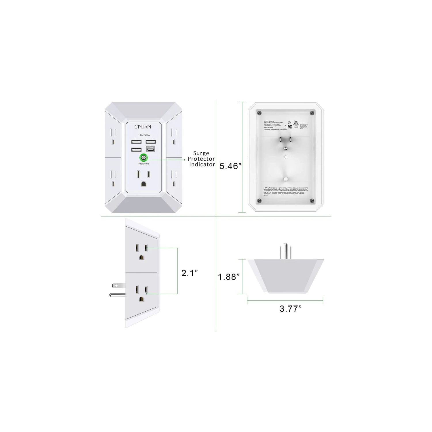 USB Wall Charger Surge Protector - 5 Outlet Extender with 4 USB Charging Ports - 3-Sided 1680J Power Strip Multi Plug Outlets Wall Adapter - Spaced
