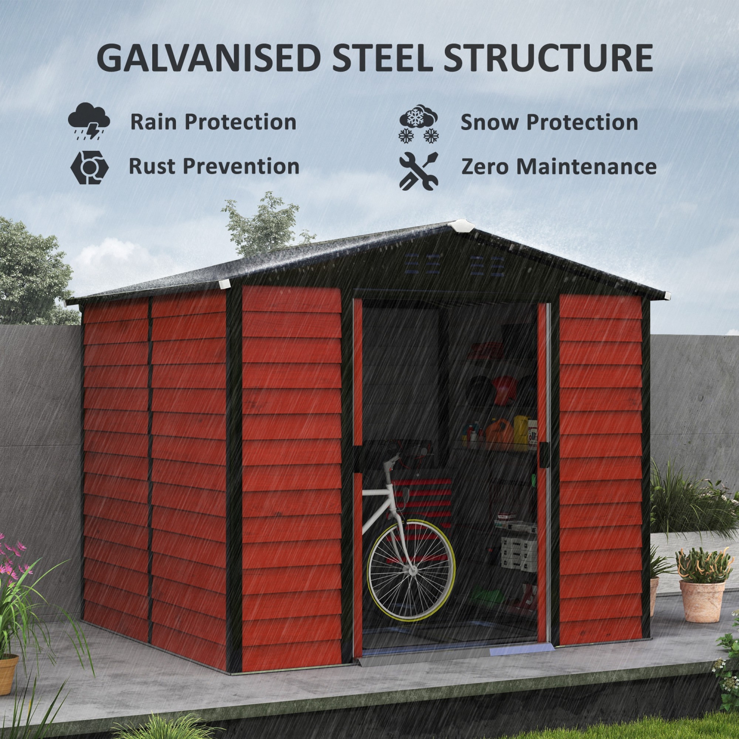 Outsunny 8' x 7' Outdoor Storage Shed, Easy to Assemble, Upgraded Galvanized Metal Garden Shed with Lockable Doors, Floor Frame and Gloves for