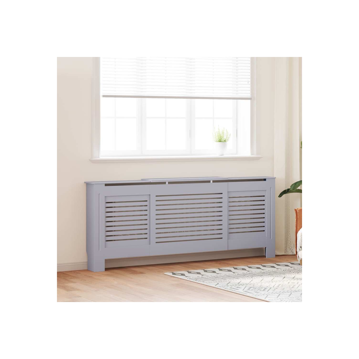 vidaXL Radiator Cover with Top Shelf, Hide Cluttered Pipes, MDF, 55.5-80.7''x7.5''x32.1'', Gray