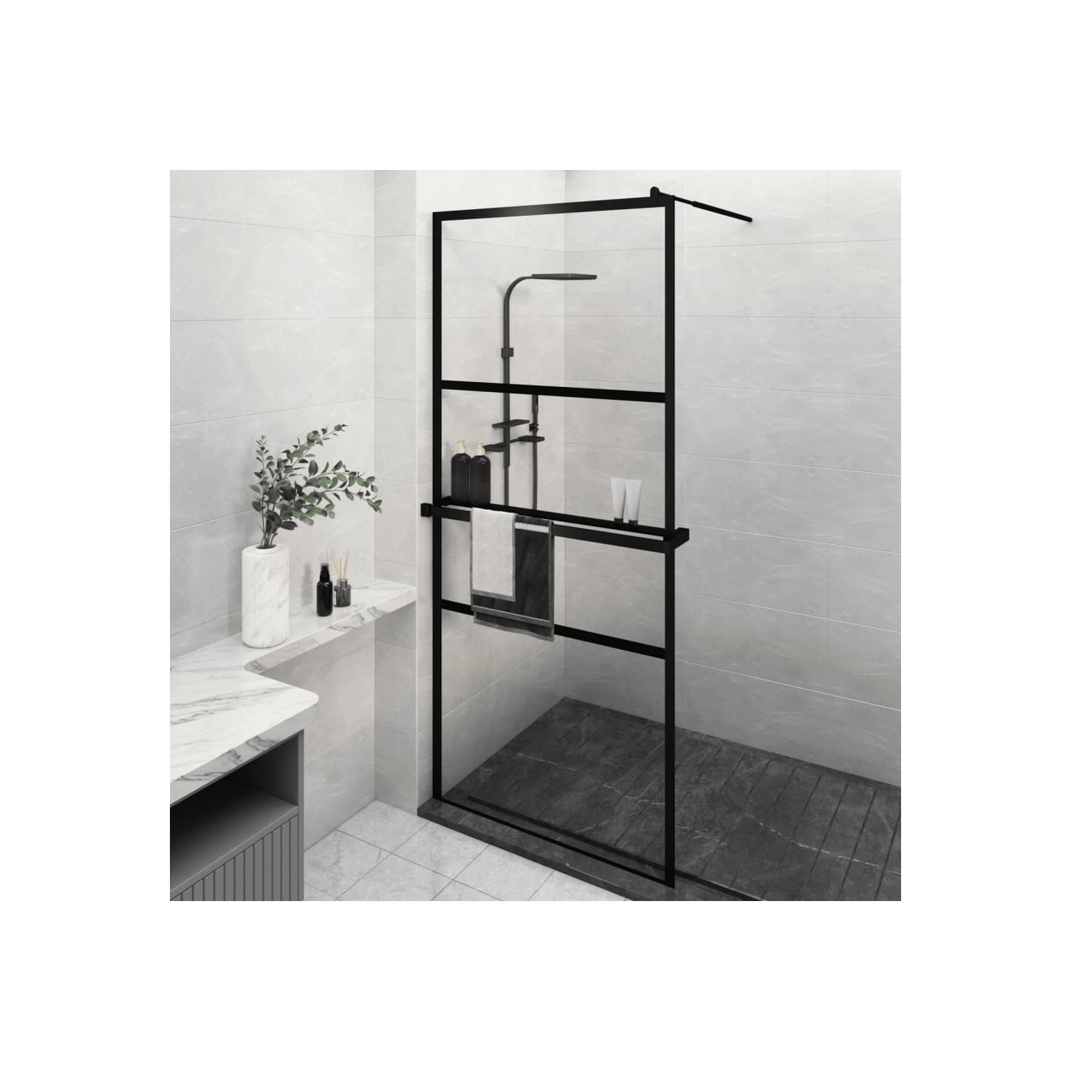 vidaXL Walk-in Shower Wall with Shelf Black 90x195 cm ESG Glass&Aluminium