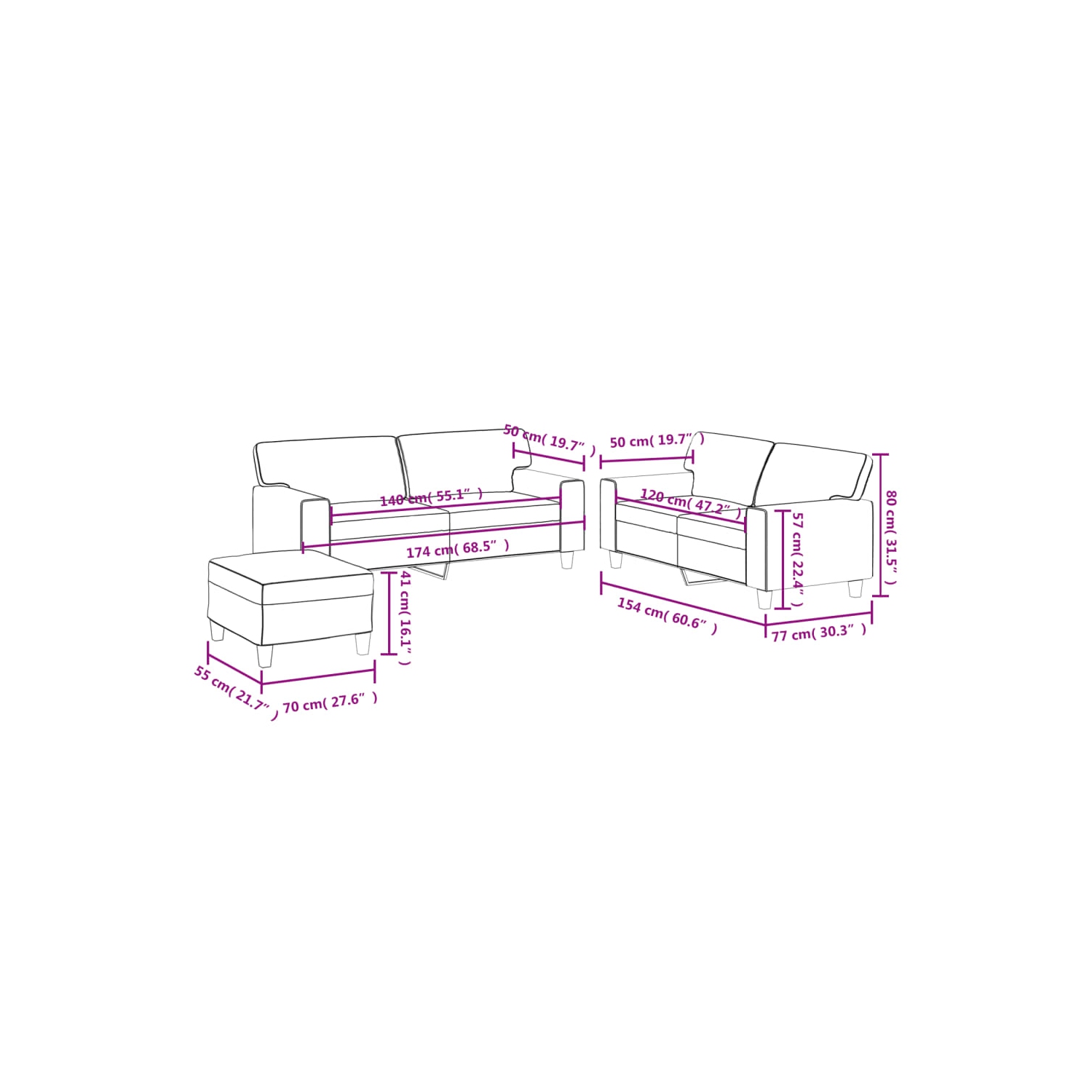 Ensemble 3 pièces avec canapé en similicuir noir vidaXL