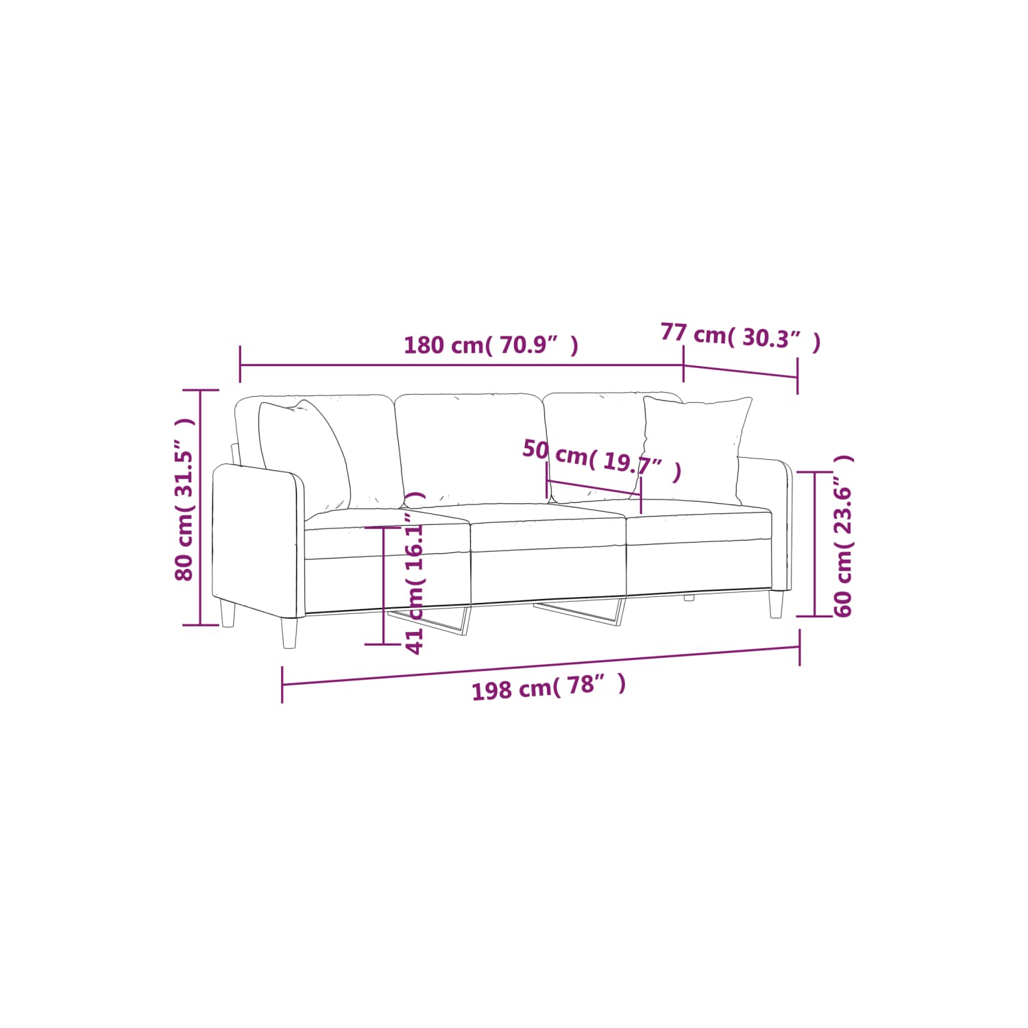 vidaXL 3-Seater Sofa with Throw Pillows Dark Grey 180 cm Fabric