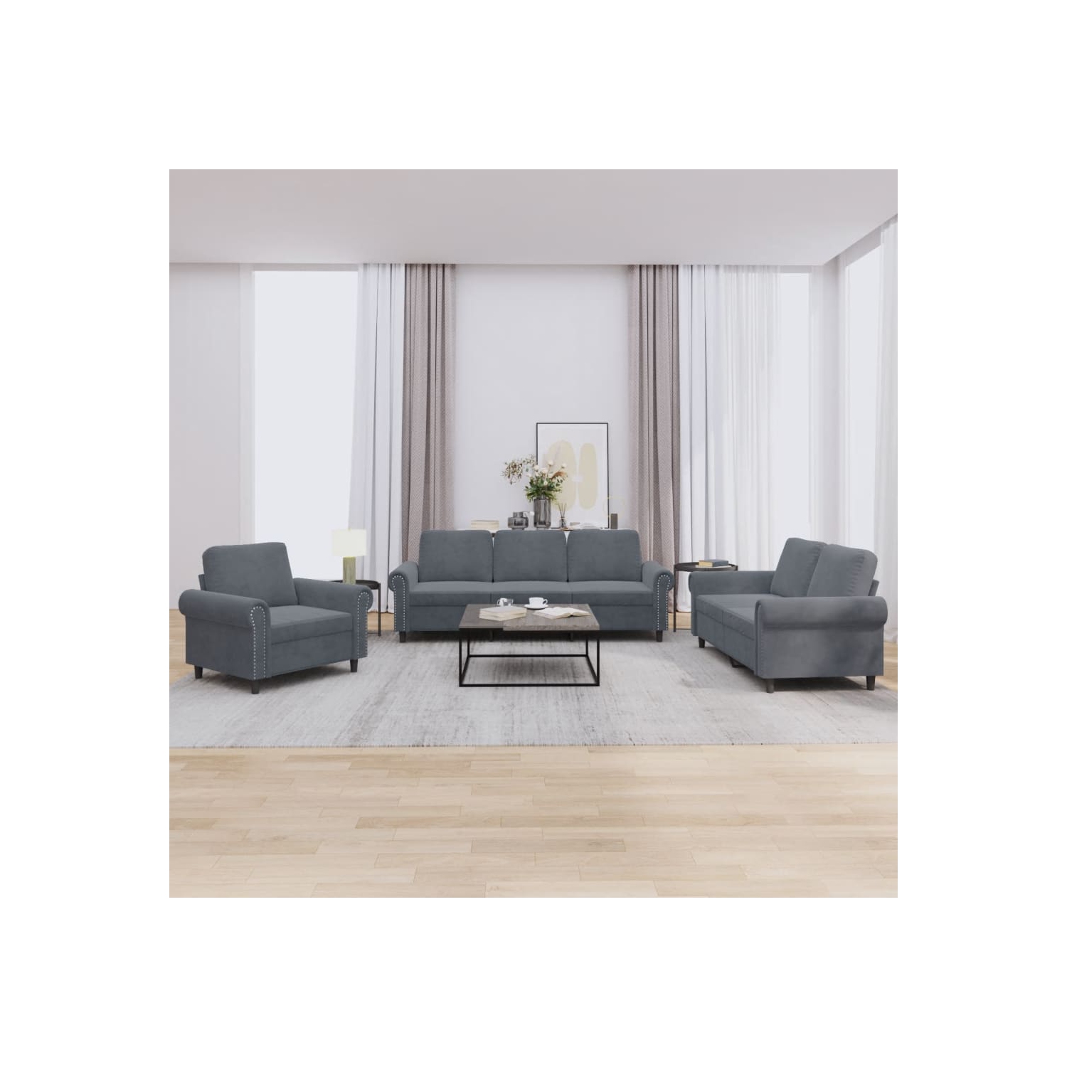 vidaXL 3 Piece Sofa Set with Cushions Dark Grey Velvet