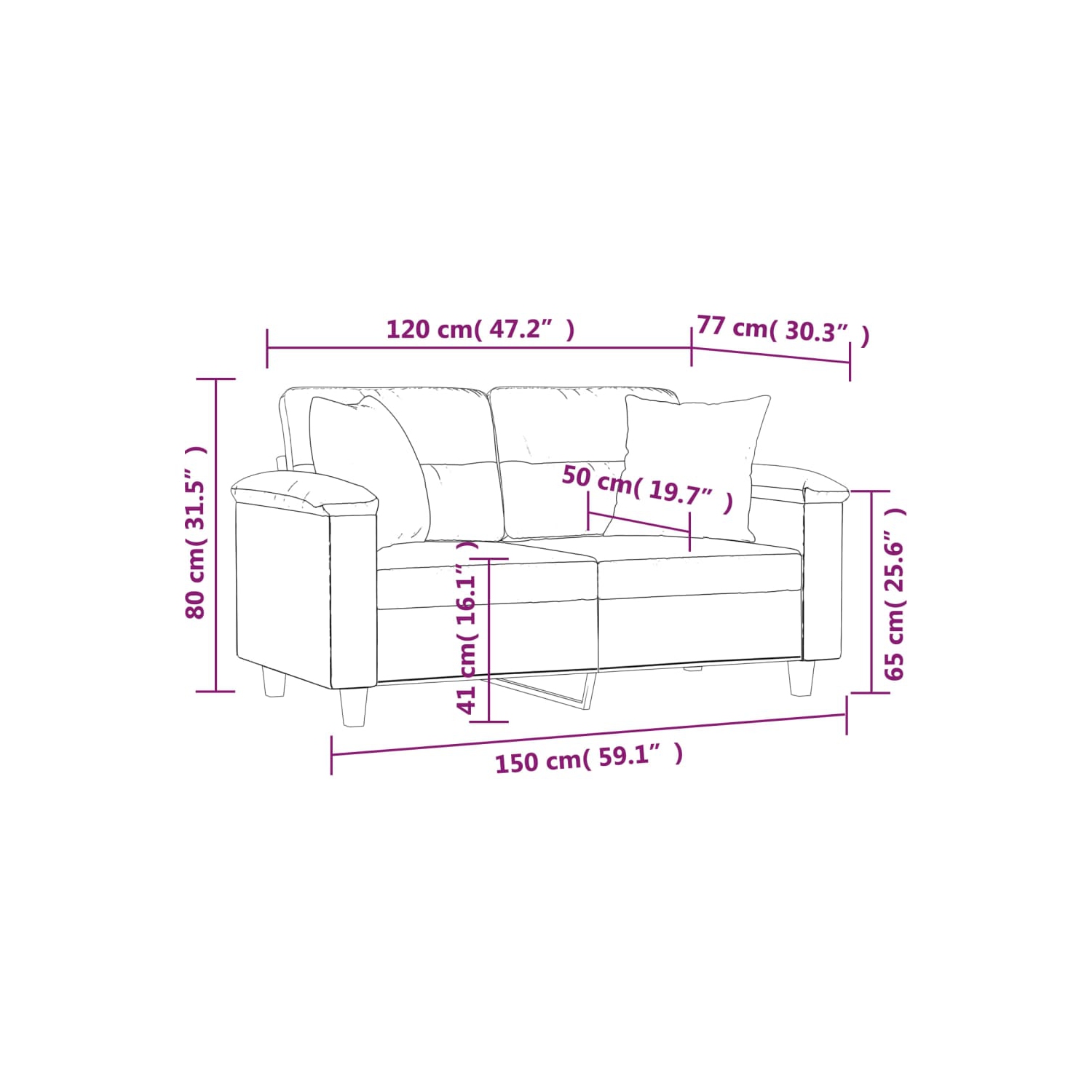 Sofa à 2 sièges avec coussins décoratifs 120&nbsp;cm en similicuir noir vidaXL
