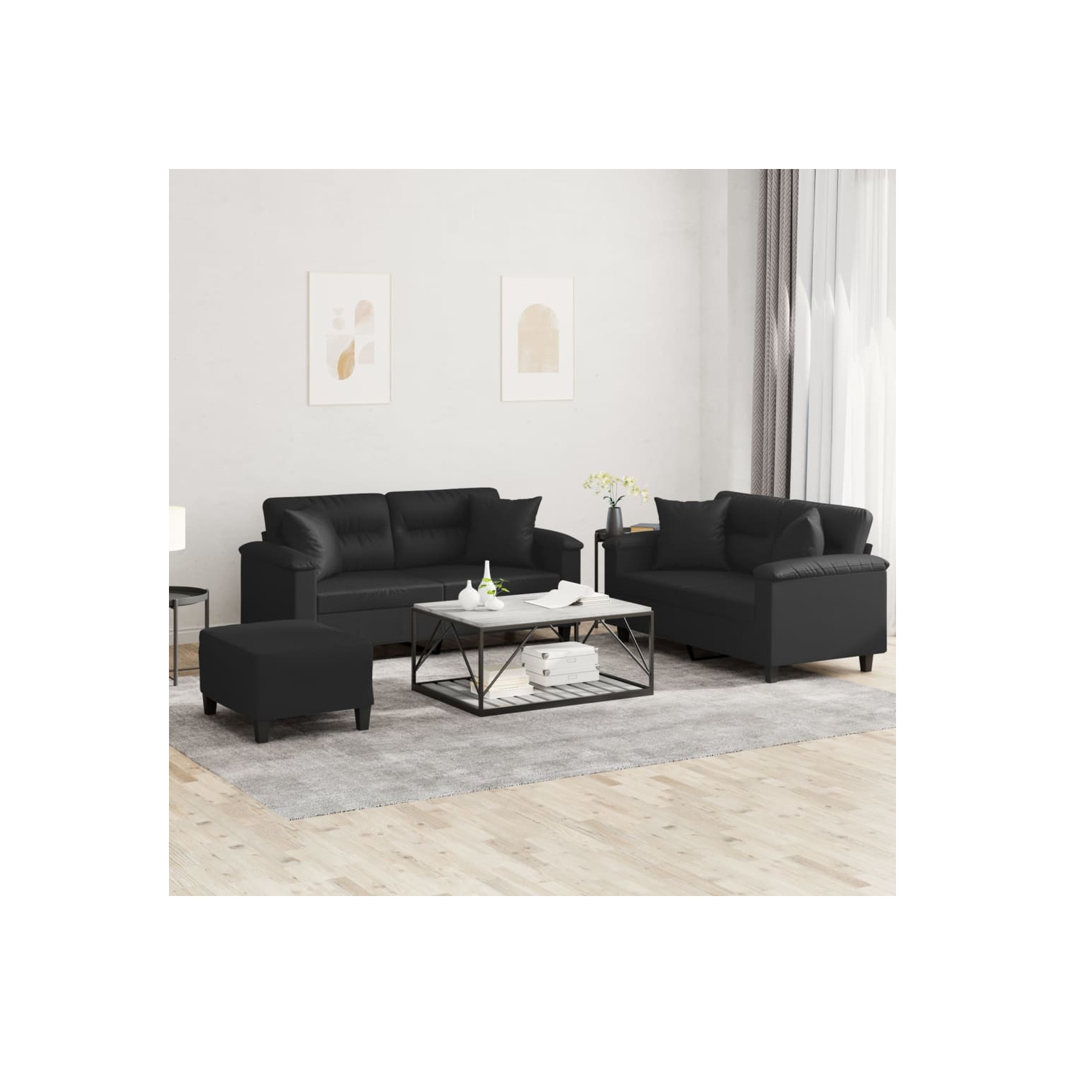 vidaXL 3 Piece Sofa Set with Pillows Black Faux Leather