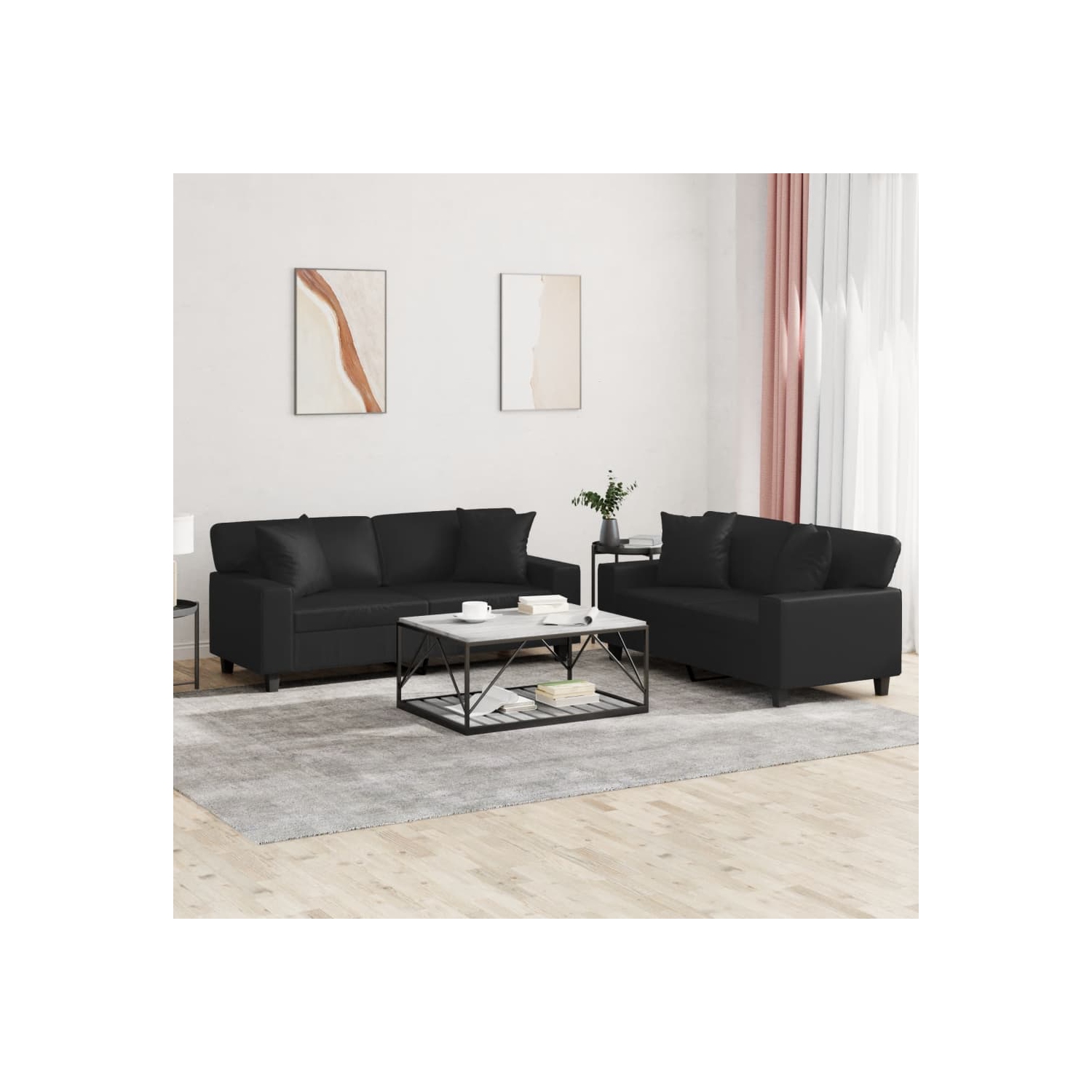vidaXL 2 Piece Sofa Set with Pillows Black Faux Leather