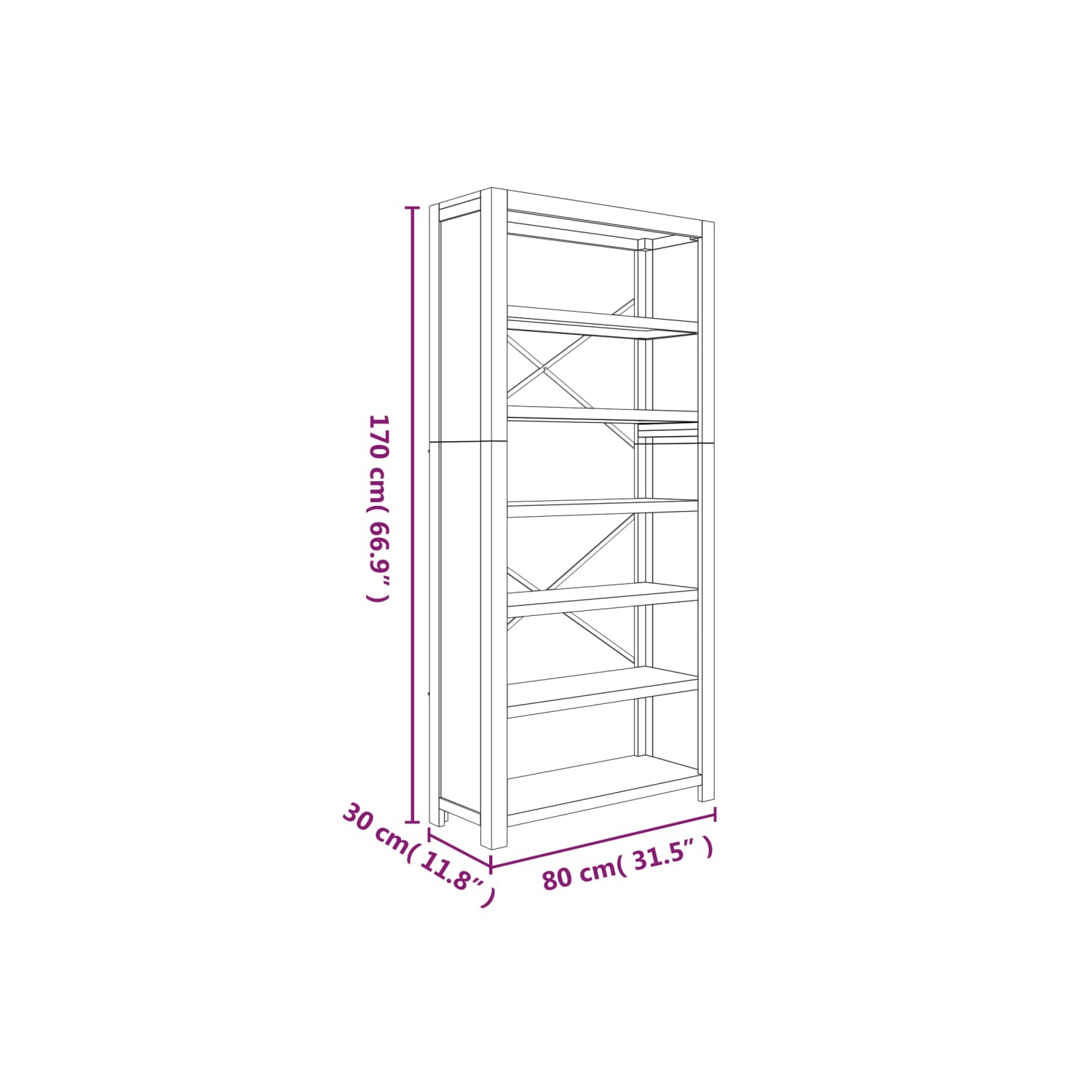 vidaXL 6-Tier Bookcase 80x30x170 cm Solid Wood Acacia