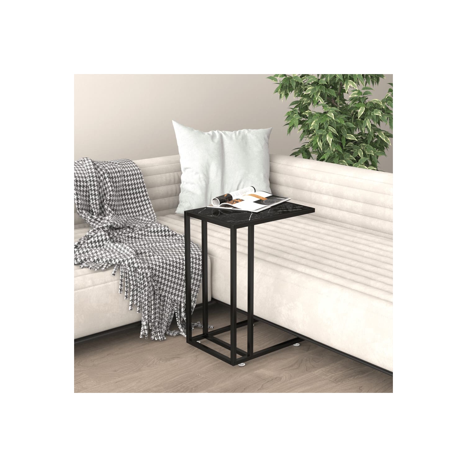 vidaXL Computer Side Table Black Marble 50x35x65 cm Tempered Glass