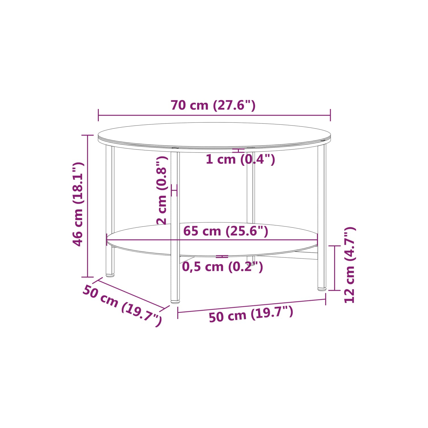 vidaXL Tea Table Black and Transparent 70 cm Tempered Glass