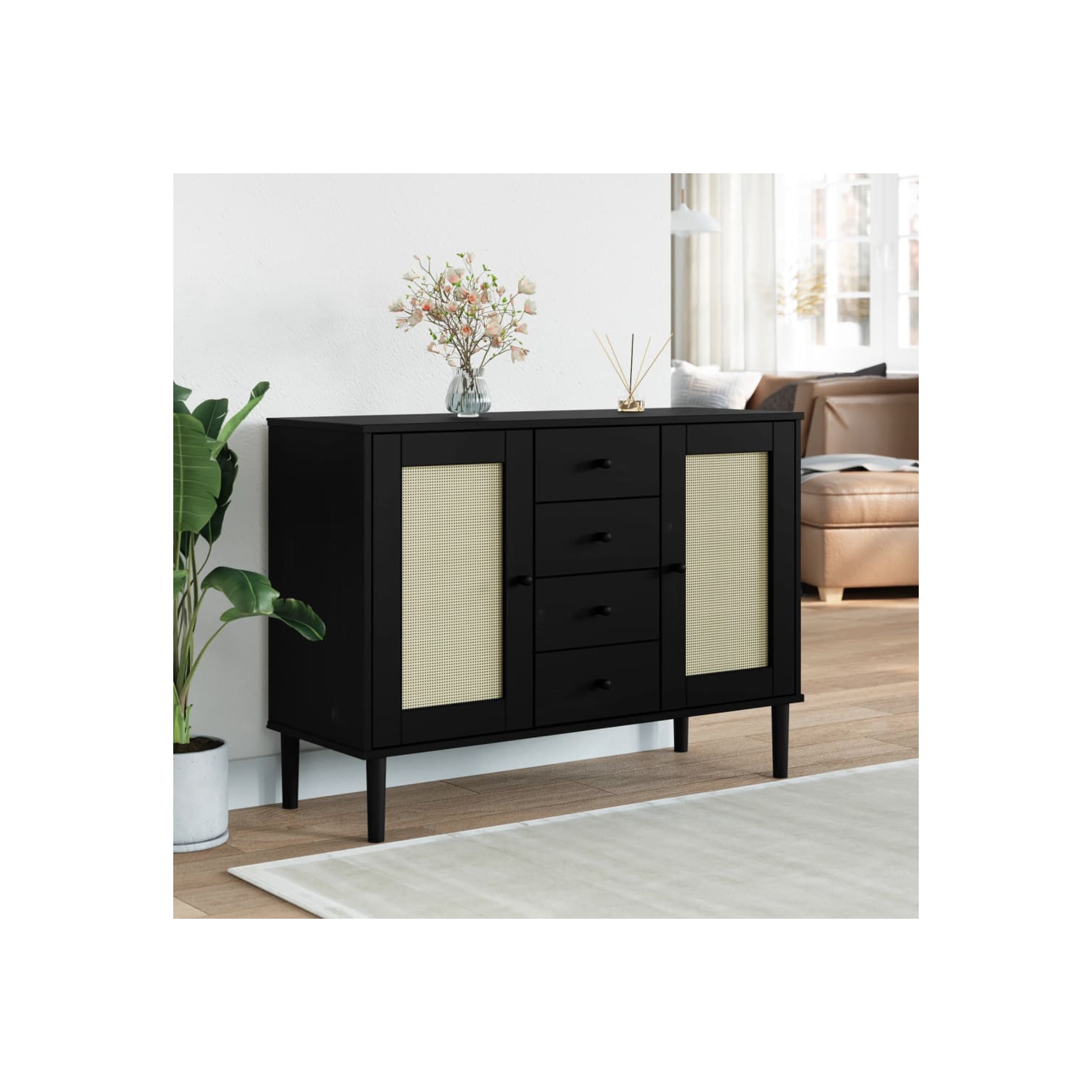 vidaXL Sideboard SENJA Rattan Look Black 112x40x80 cm Solid Wood Pine