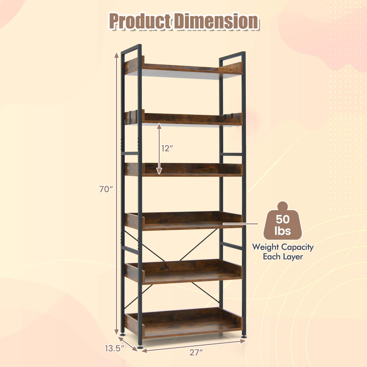 Costway 2 PCS 6-Tier Bookshelf Open Display Shelves Storage Rack Metal Frame with 4 Hooks