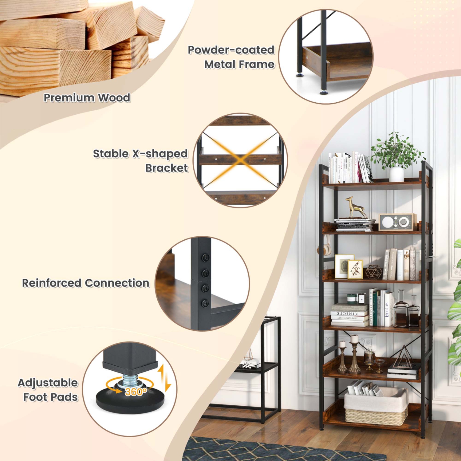 Costway 2 PCS 6-Tier Bookshelf Open Display Shelves Storage Rack Metal Frame with 4 Hooks