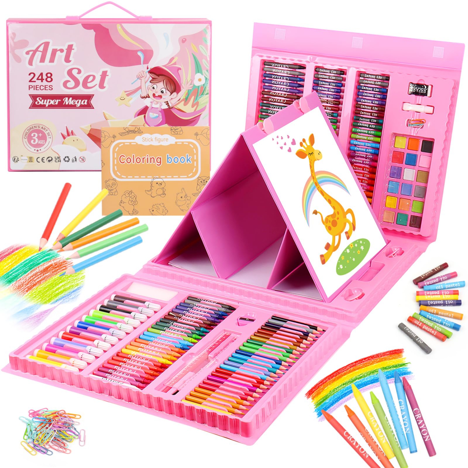 Creative Kids Art Set - 248 Piece Art Supplies Kit for Girls, Boys, and Teens - Perfect Arts and Crafts Gift - Includes Reversible Tri-Fold Easel, A4 Paper, Coloring Book, Pastels,