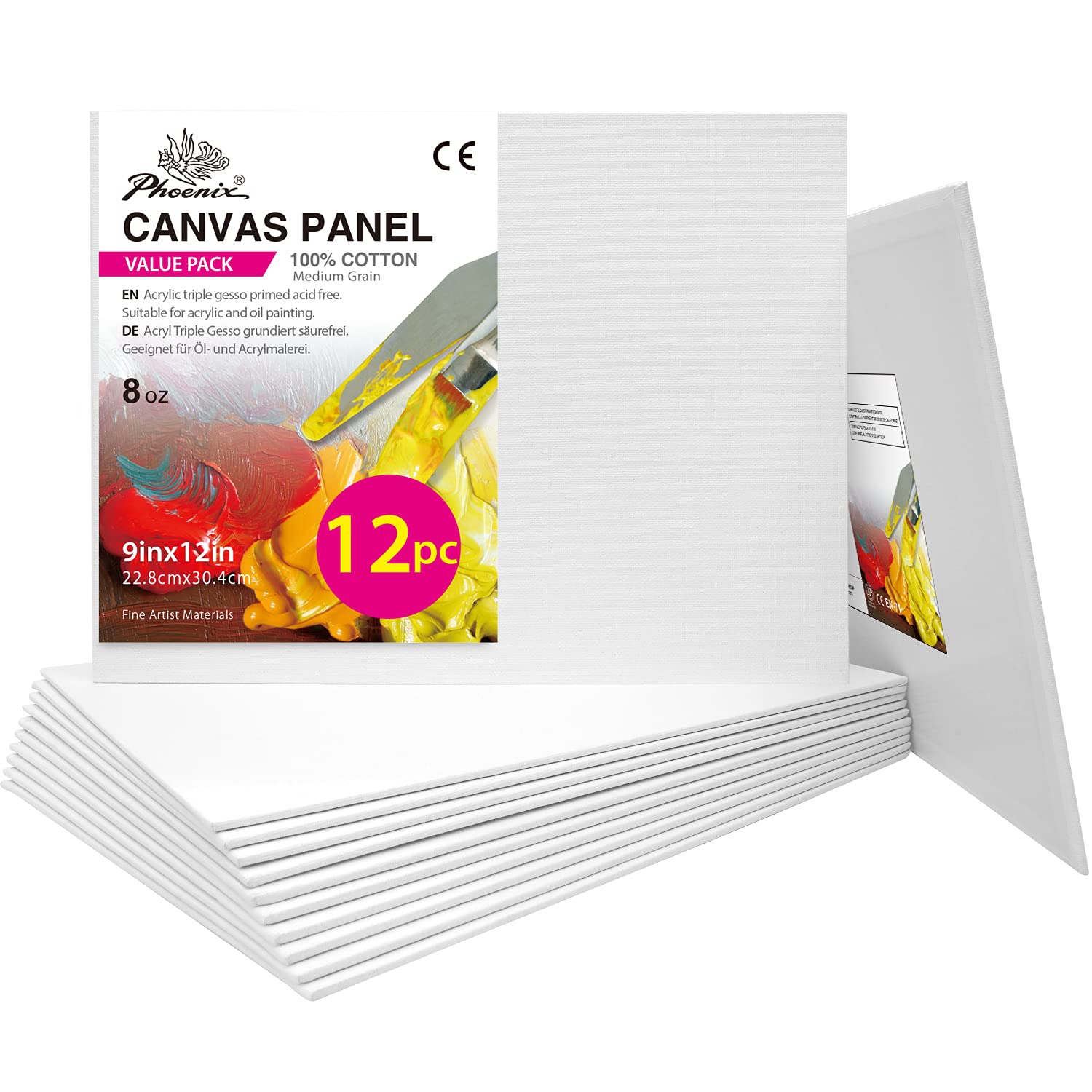 Premium 9x12 Inch Painting Canvas Panels - 12 Pack of 8 Oz Triple Primed 100% Cotton Acid Free Canvas Boards for Acrylic Painting - White Blank Flat Canvas Boards for Artists