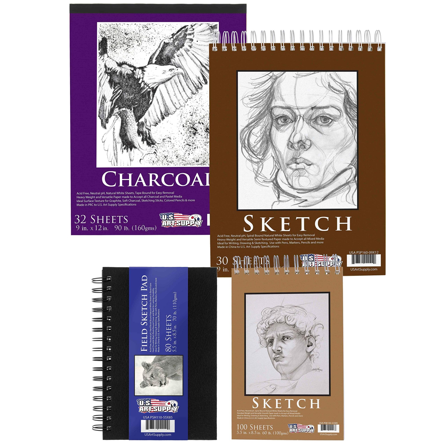 Premium Sketching and Drawing Paper Pads - Set of 4 Styles (242 Sheets) - Spiral Bound Sketch, Draw, Charcoal Pencil, Mixed Media Pads - 5.5" x 8.5" and 9" x 12" Sizes