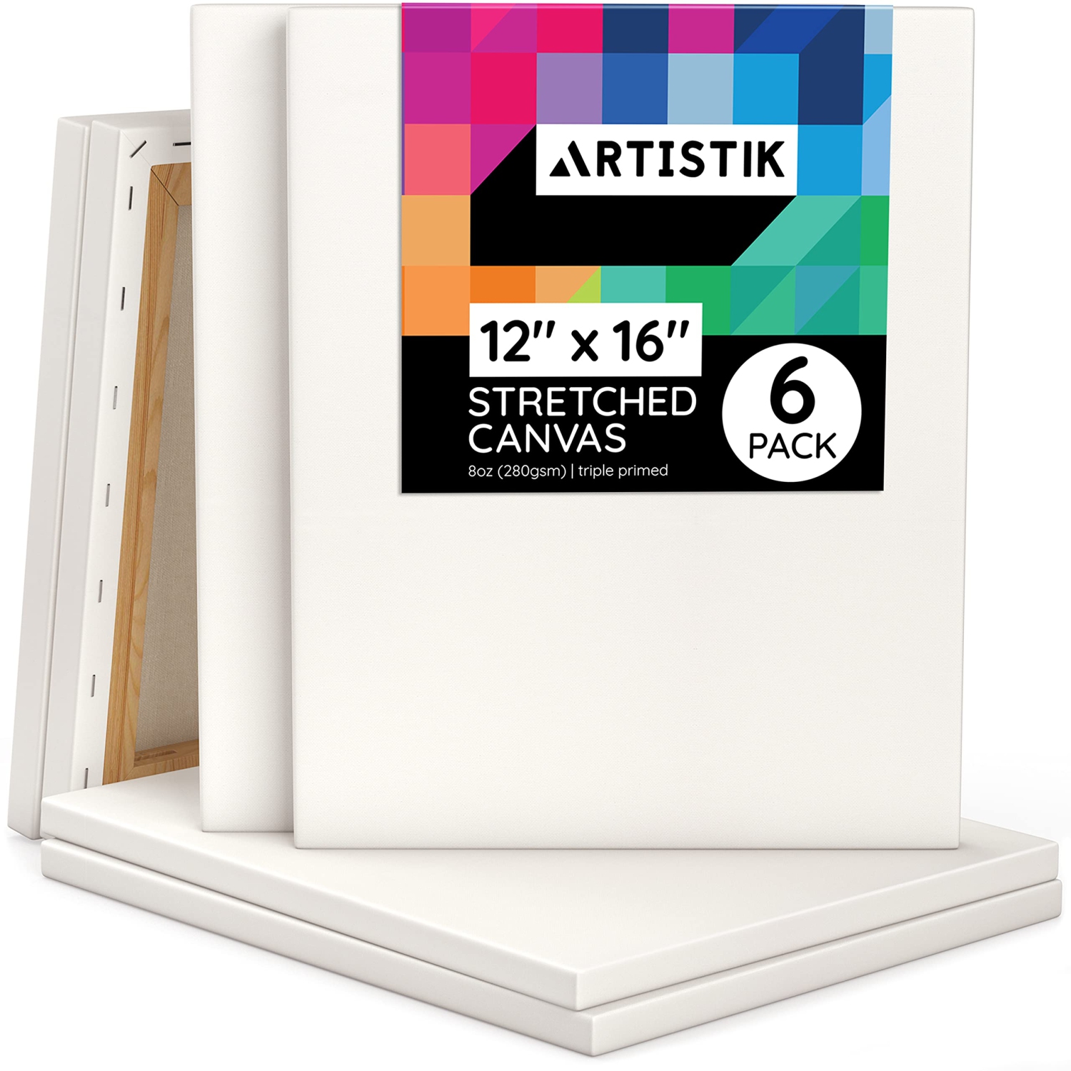 Premium Artist Stretched Canvas - 100% Cotton, Acid-Free, Triple Primed Gesso - Pack of 6 Canvases (16x12 inches) - Art Paint Supply