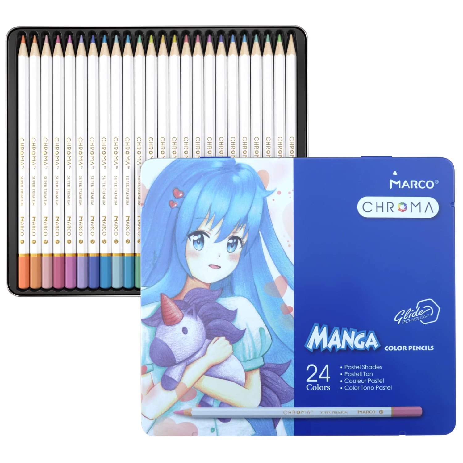 Chroma Manga 24 Count Set of Pastel Colors Colored Pencils in Metal Box - Professional Drawing Supplies for Kids, Adults, Artists - 2B Hardness - Ideal for Art, Sketching, and Draw