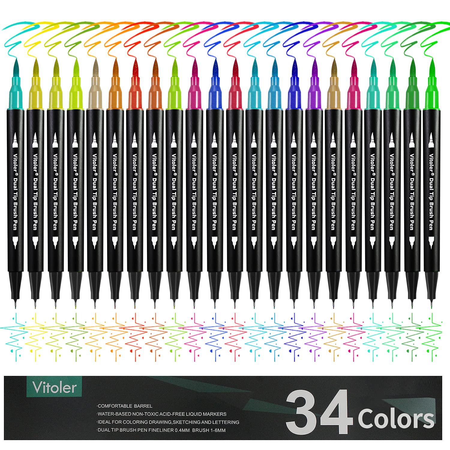 Colorful Creations Dual Tip Brush Markers - Vibrant Fine Point Journal Pens for Kids and Adults. Perfect for Coloring, Drawing, Planning, Calendars, and Art Projects. Includes 34 C