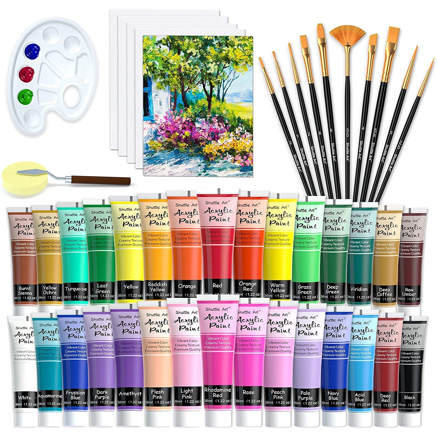 Artistic Delight 48 Pack Acrylic Paint Set - 30 Vibrant Colors (36ml) with 10 Brushes, 5 Canvas, 1 Paint Knife, 1 Palette, and 1 Sponge - Complete Set for Kids and Adults Painting