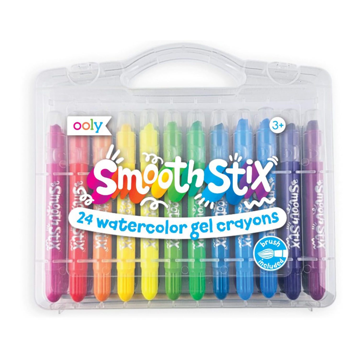 Rainbow Gel Crayons Set - Smooth Stix for Kids & Adults | 25 Watercolor Crayons with Paint Brush | Gl & Paper | Twist-Up & Easy to Clean | Clear Plastic Case