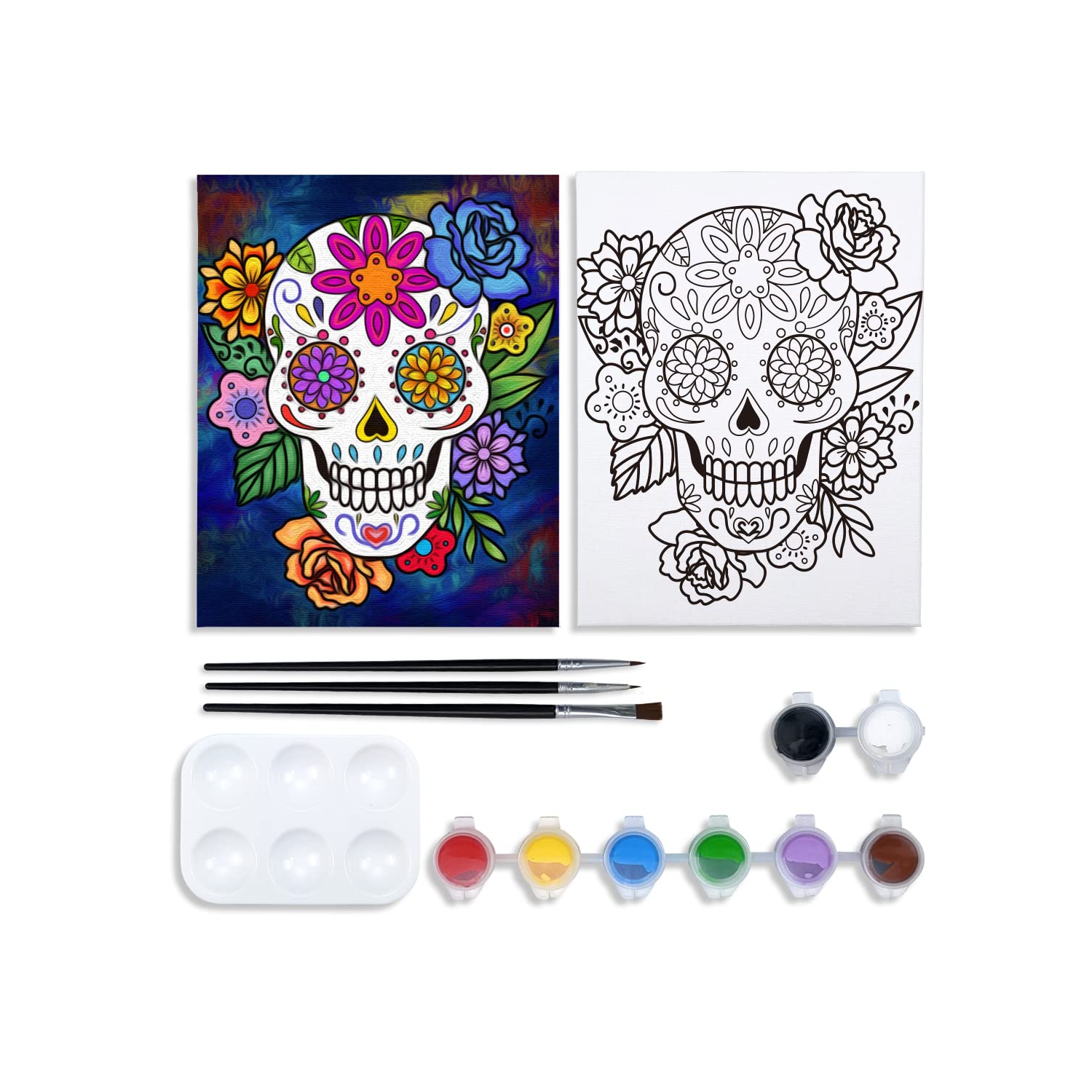 Mexican Fiesta Canvas Painting Kit - Pre Drawn Canvas for Adults, Da de Muertos Party Supplies - Paint and Sip with 8x10 Canvas, 8 Acrylic Colors, 3 Brushes, and 1 Palette - Comple
