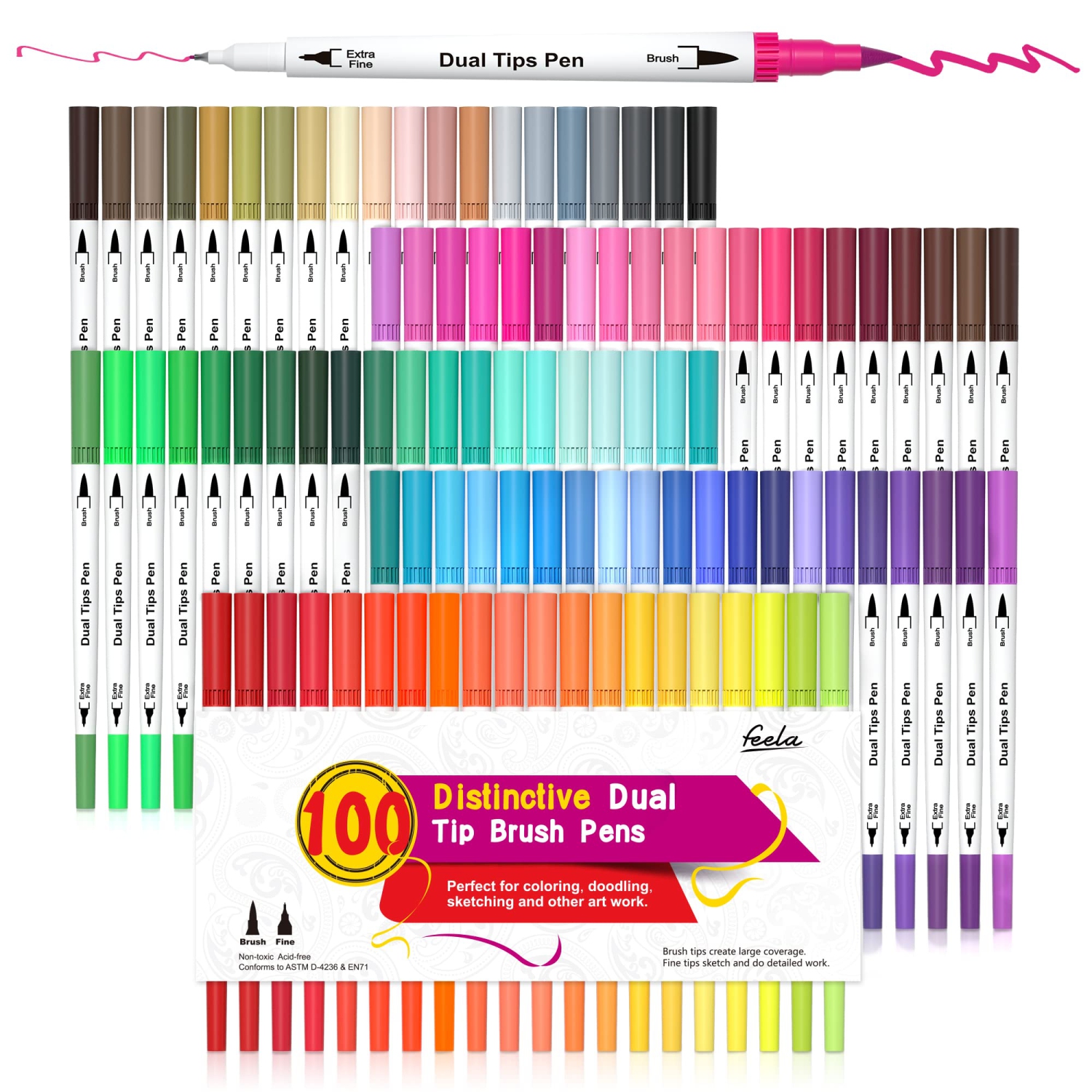 Vibrant Artistry: 100 Colors Dual Tip Brush Pens - Watercolor, Fineliners, and Highlighters for Adult Coloring, Sketching, Calligraphy, Manga, and Journaling