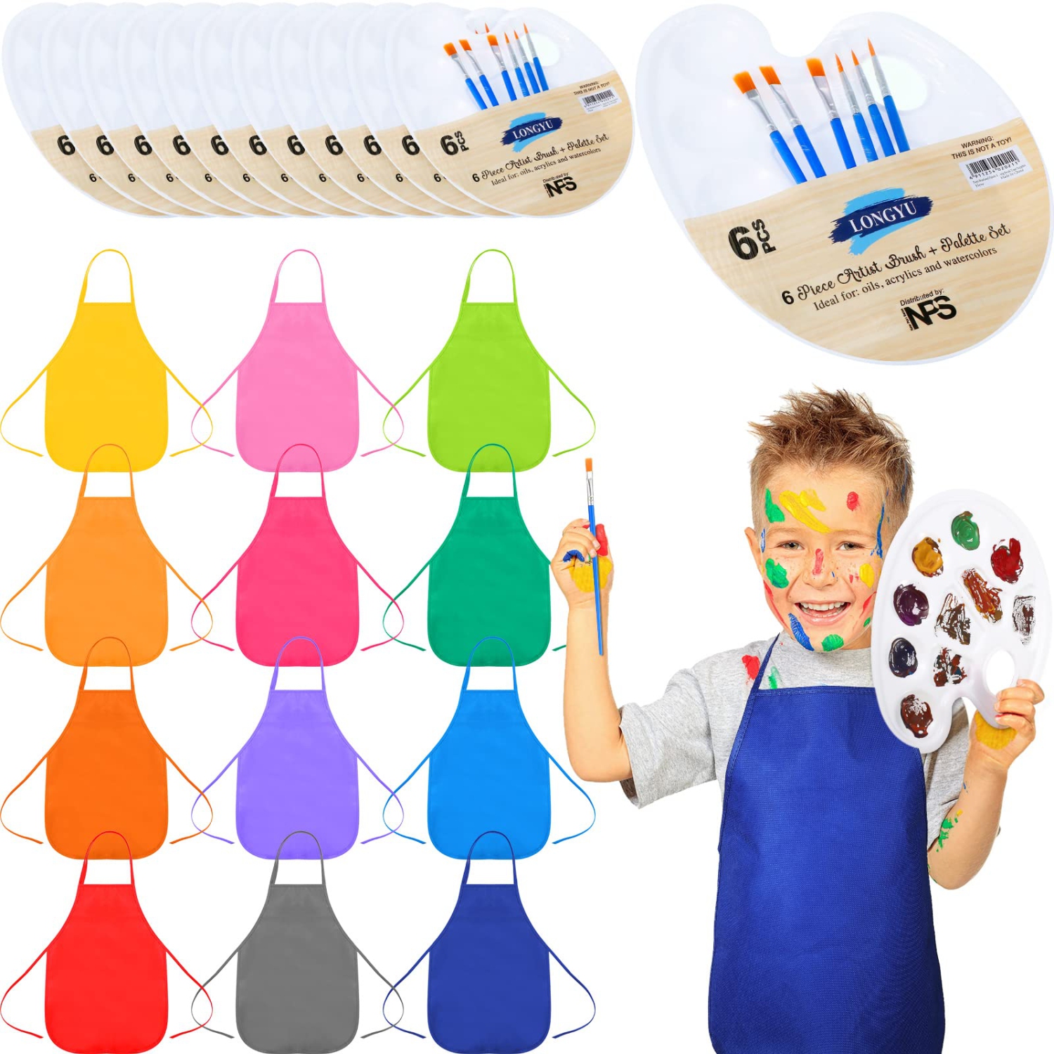 KidzArt 12-Pack Paint Party Set: Flat Paint Pallet Brush Set, Children's Fabric Aprons, and Tray for Kitchen & Classroom Art Painting Activity
