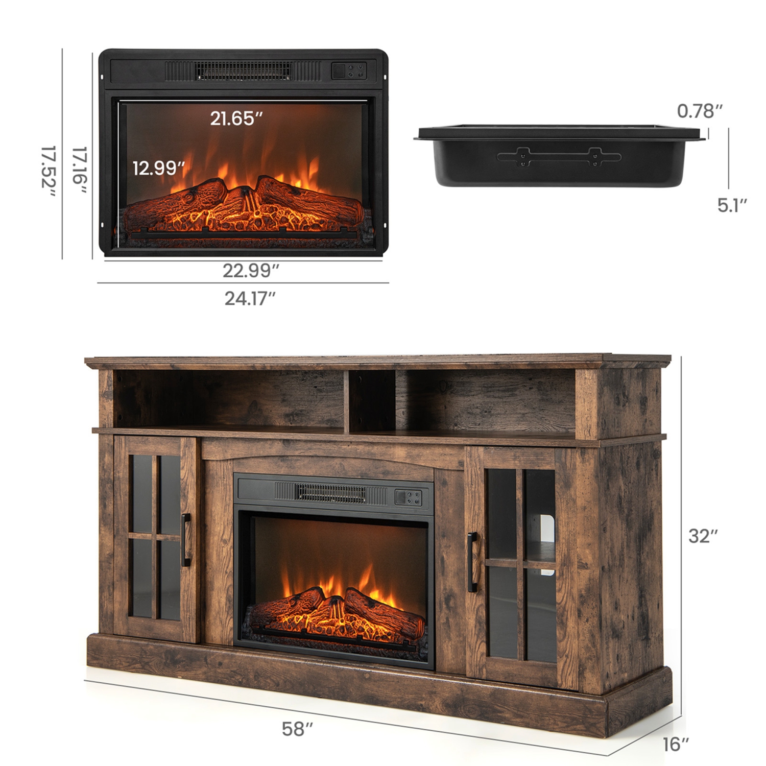 Costway 58" Fireplace TV Stand W/ 1400W Electric Fireplace for TVs up to 65 Inches