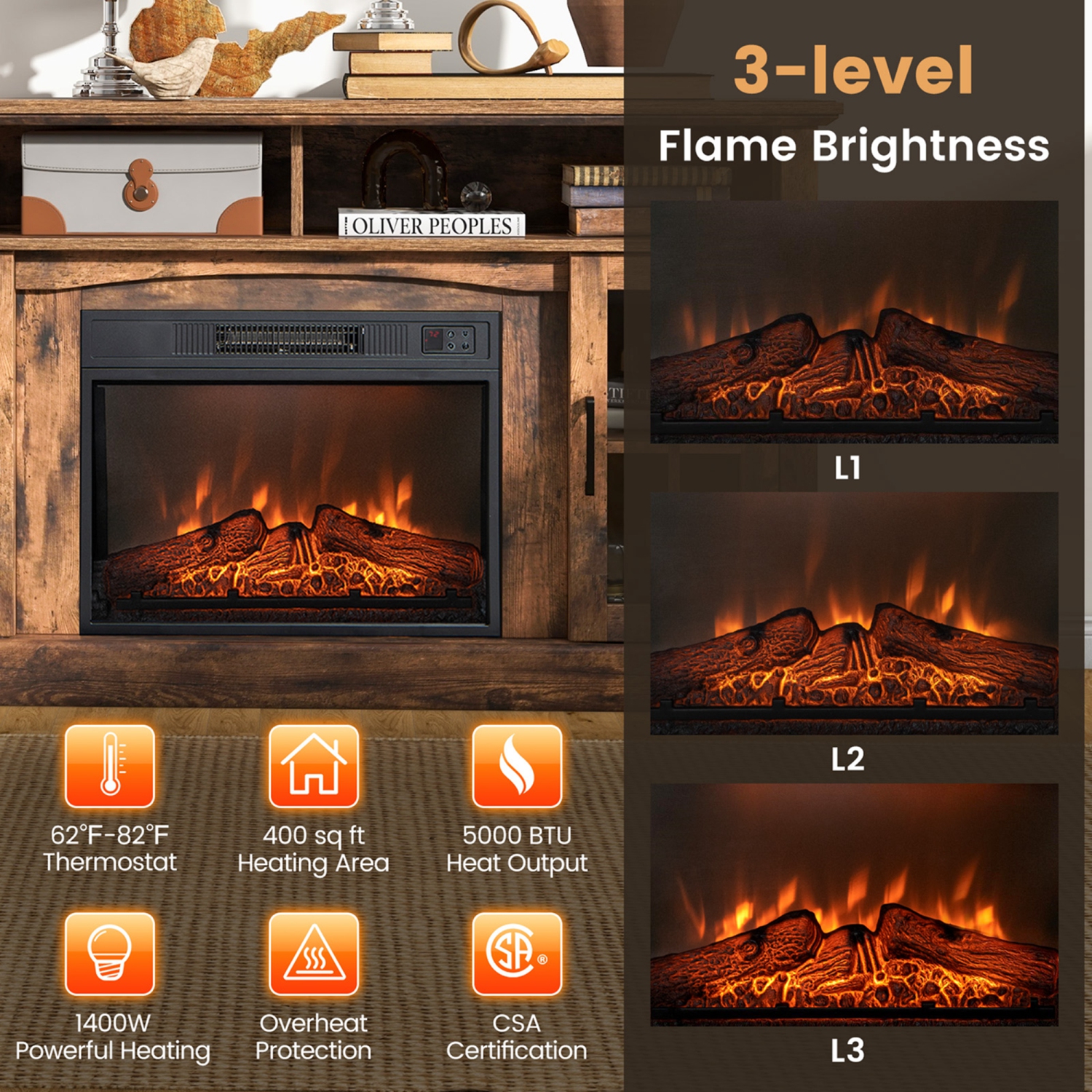 Costway 58" Fireplace TV Stand W/ 1400W Electric Fireplace for TVs up to 65 Inches