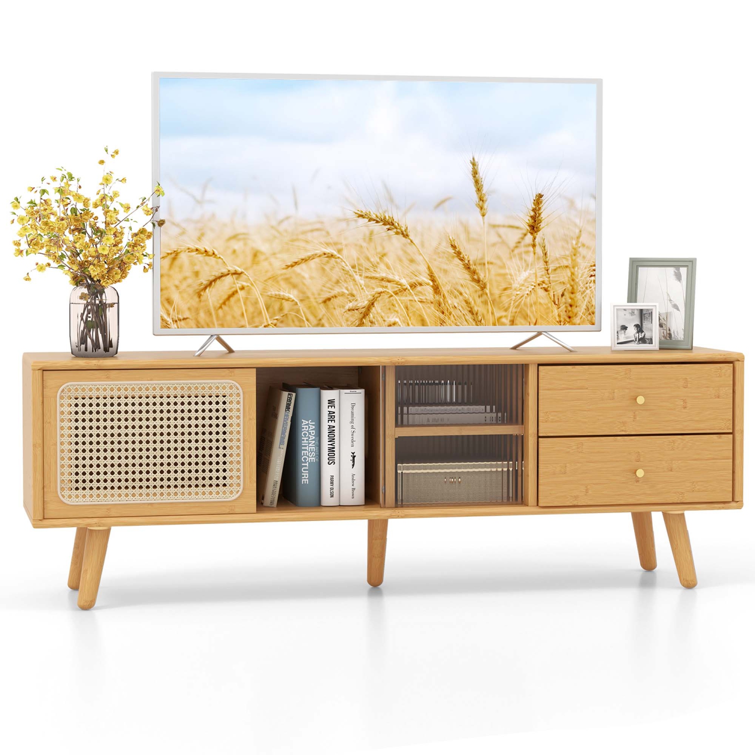 Costway Bamboo TV Stand Console Table with PE Rattan Door & 2 Drawers for TV up to 65"
