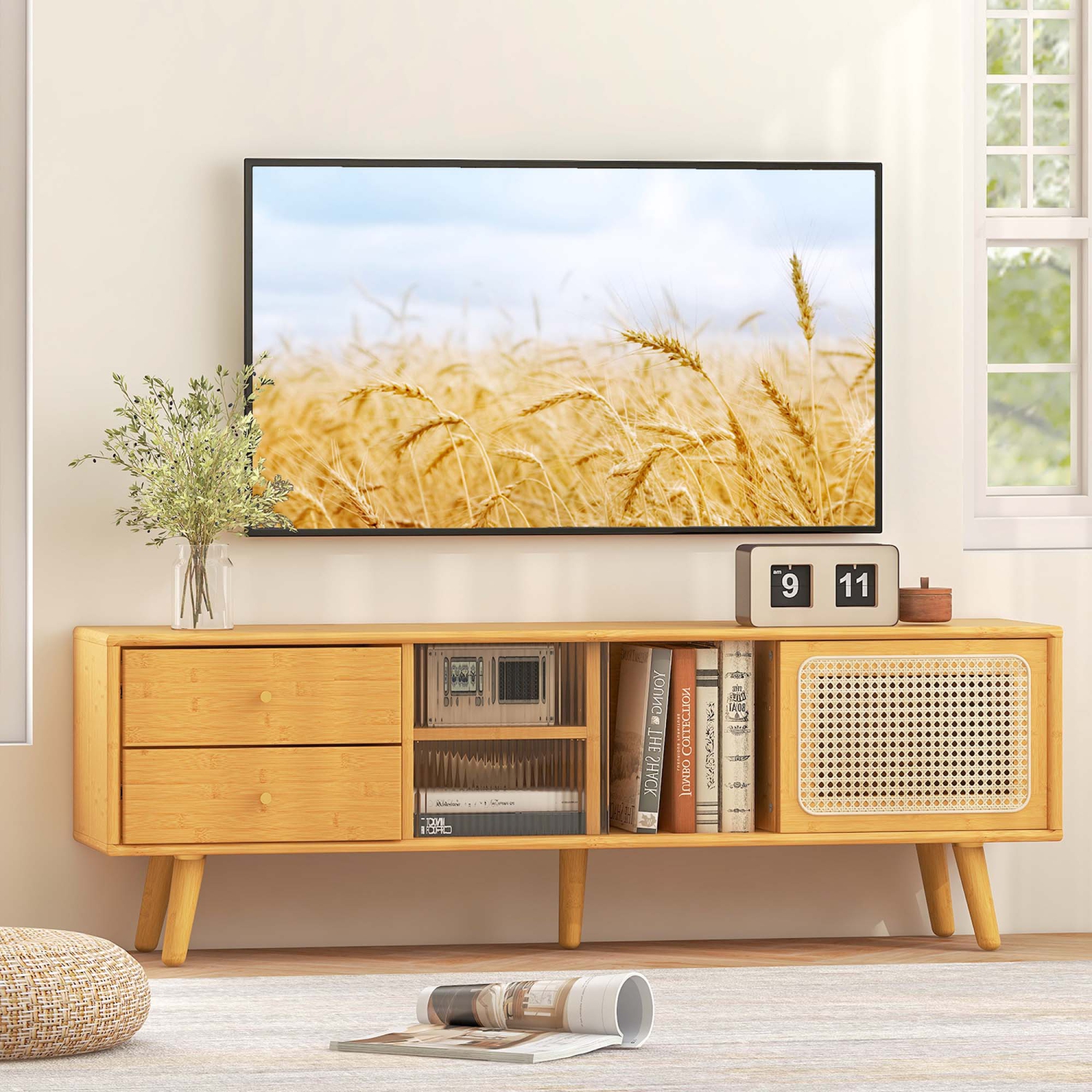 Costway Bamboo TV Stand Console Table with PE Rattan Door & 2 Drawers for TV up to 65"