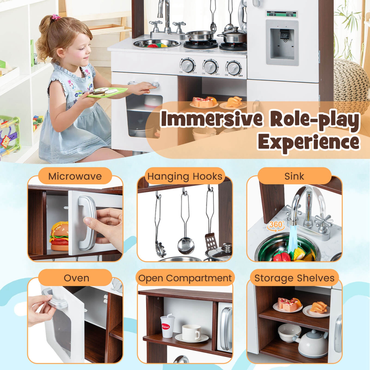 Costway Kids Kitchen Playset Pretend Play Kitchen Toy with Realistic Sounds & Lights