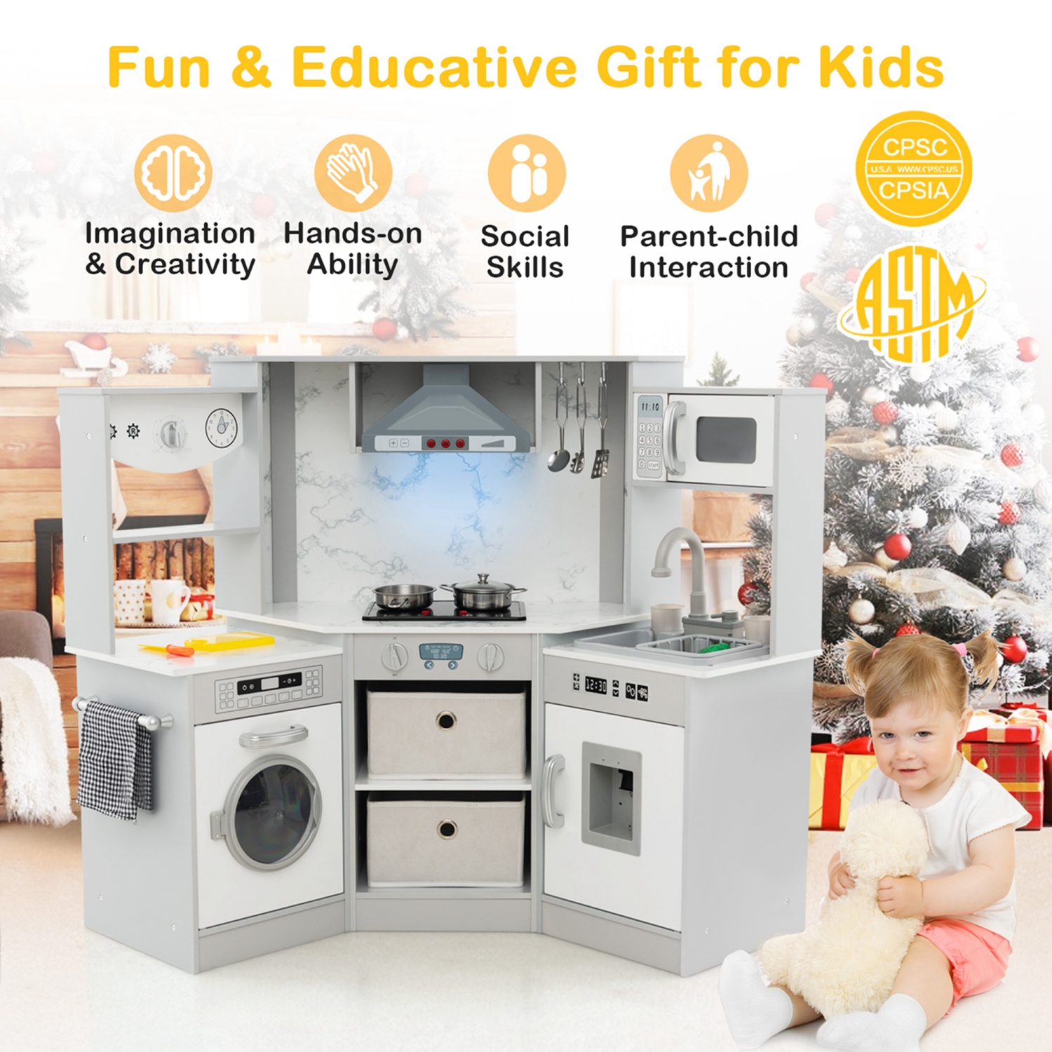 Cuisine d'angle en bois pour enfants de Costway avec hotte de cuisinière éclairée lumières et sons réalistes