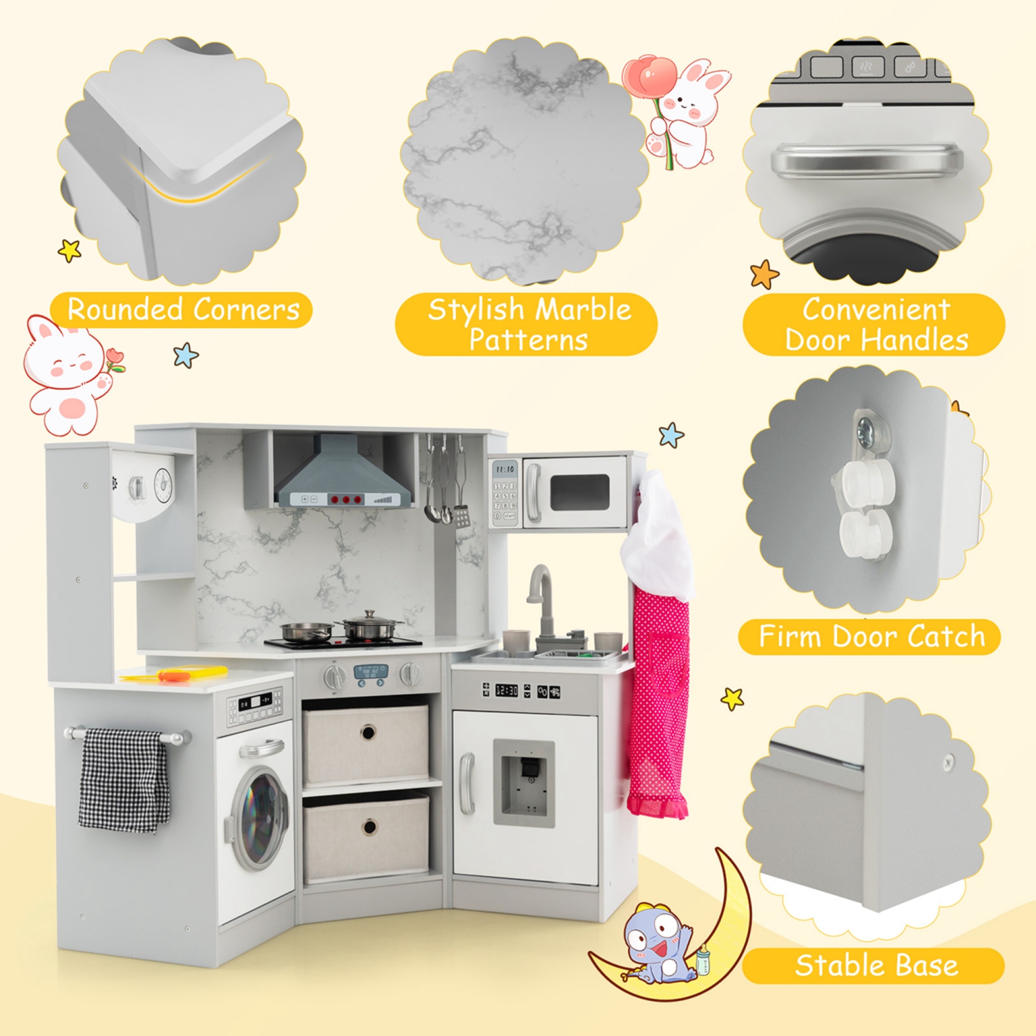 Cuisine d'angle en bois pour enfants de Costway avec hotte de cuisinière éclairée lumières et sons réalistes