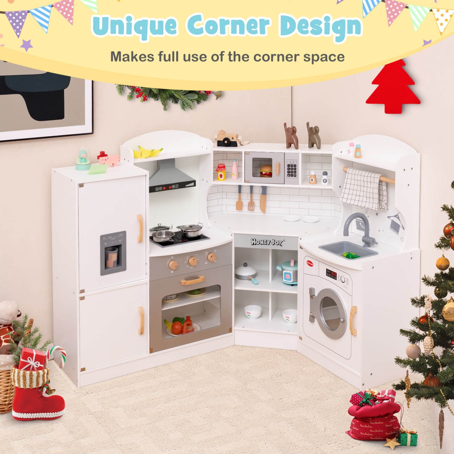 Costway Corner Play Kitchen Toddler Kitchen Playset with Range Hood, Ice Maker, Microwave