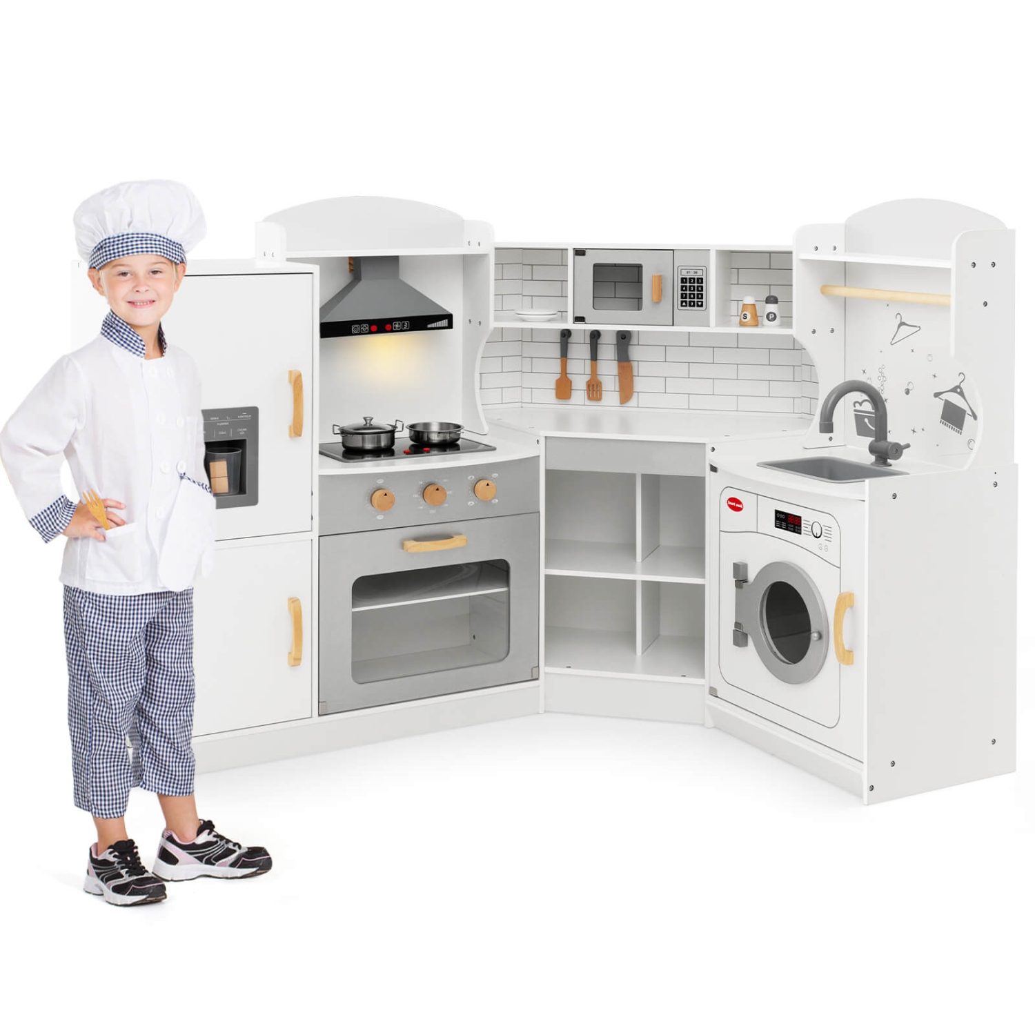 Costway Corner Play Kitchen Toddler Kitchen Playset with Range Hood, Ice Maker, Microwave