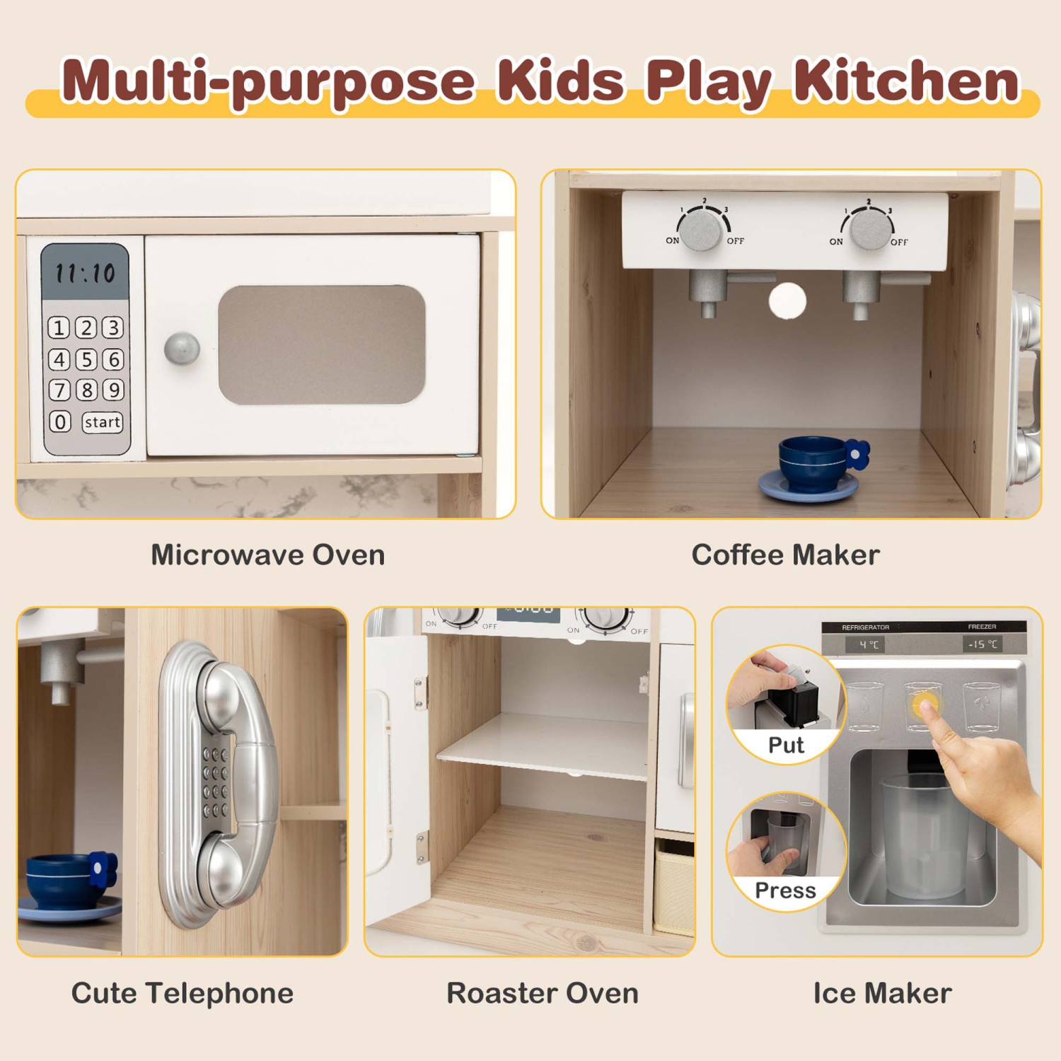 Costway Kids Pretend Play Kitchen Wooden Toy Playset with LED Lighting & Coffee Maker