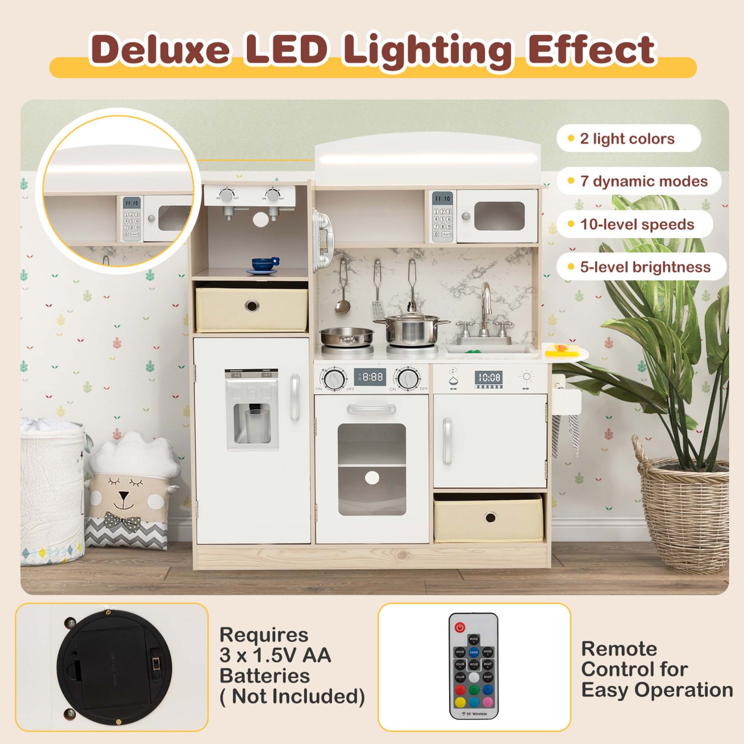 Costway Kids Pretend Play Kitchen Wooden Toy Playset with LED Lighting & Coffee Maker