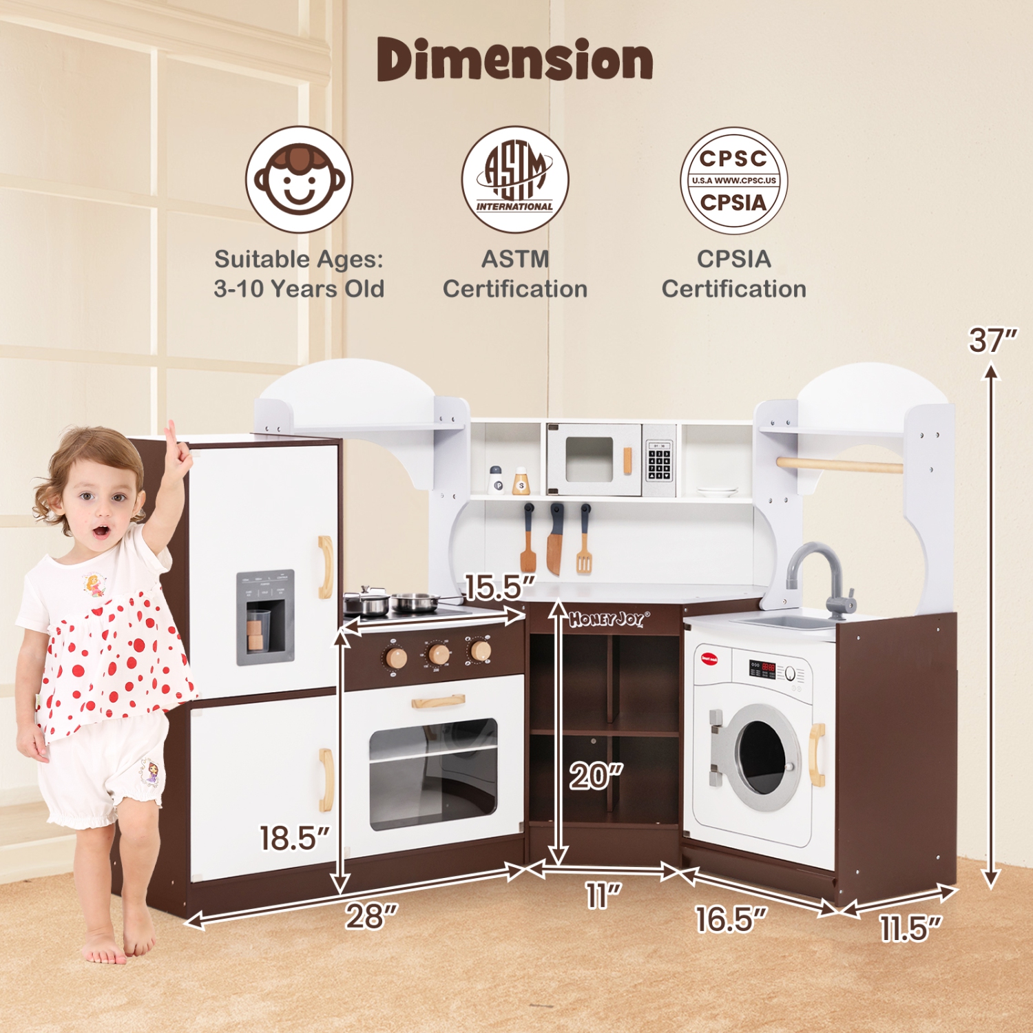 Costway Corner Play Kitchen with Ice Maker Microwave Oven for Kids 3+ Years Old Wooden Toy