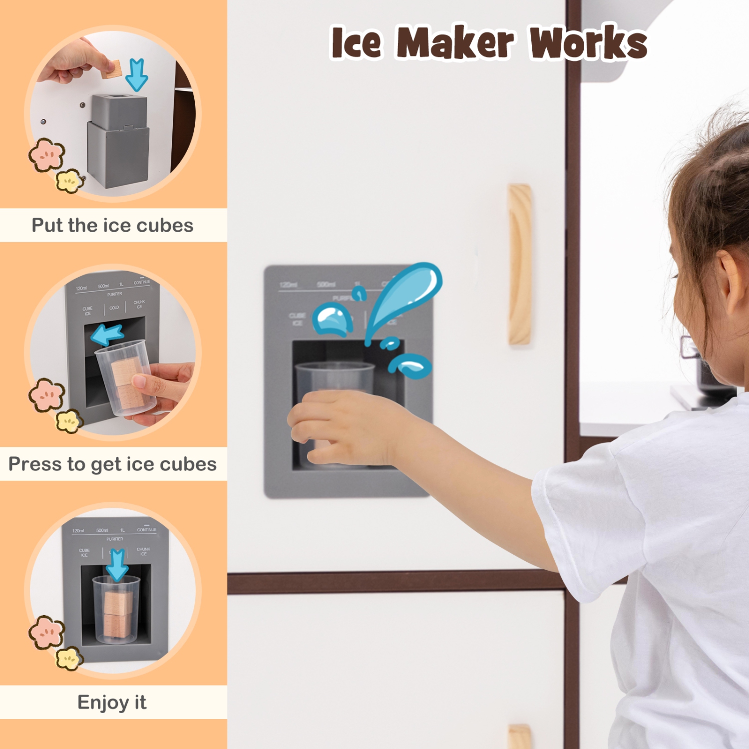 Costway Corner Play Kitchen with Ice Maker Microwave Oven for Kids 3+ Years Old Wooden Toy