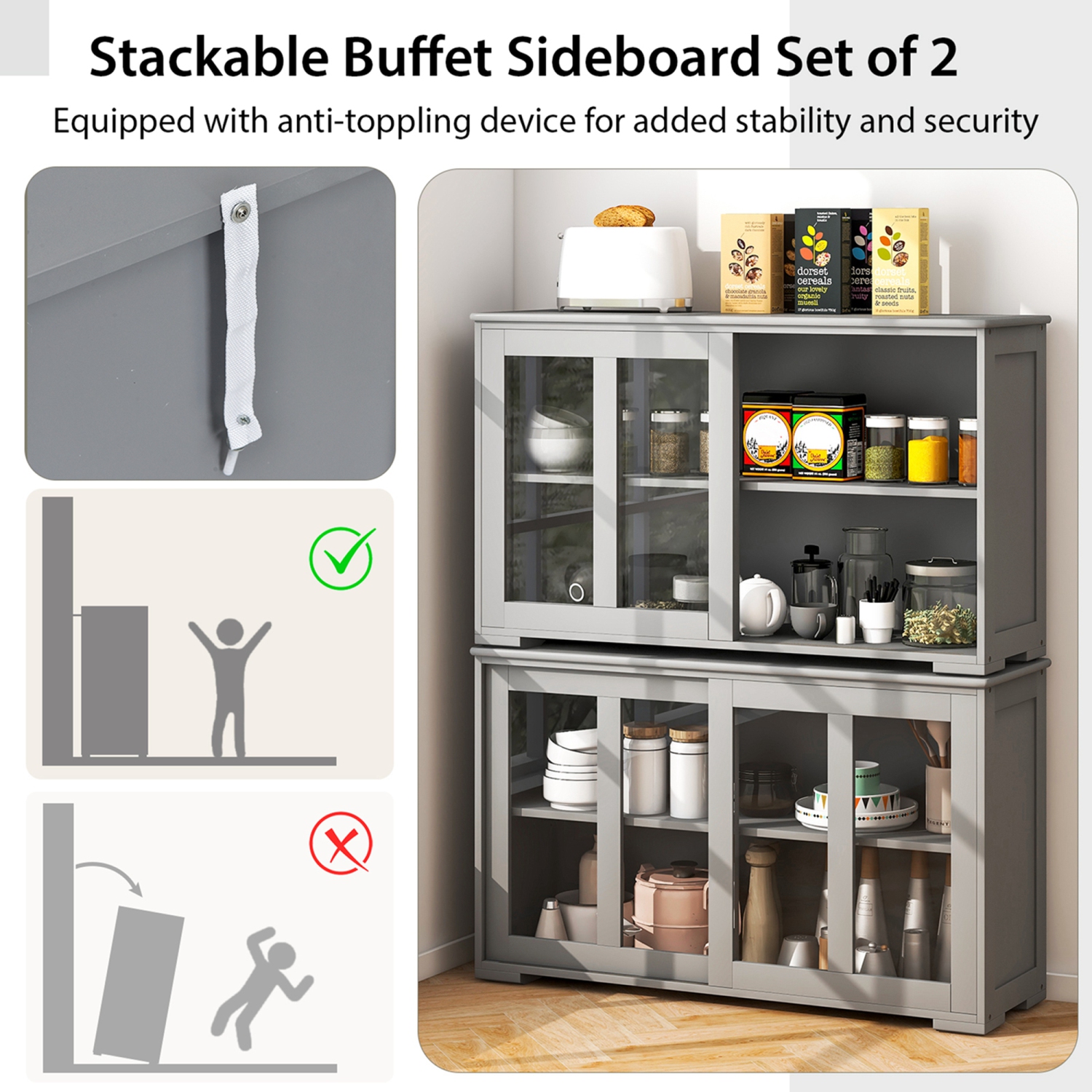 Ensemble de 2 buffet empilable à 2 portes avec portes coulissantes en verre trempé de Costway