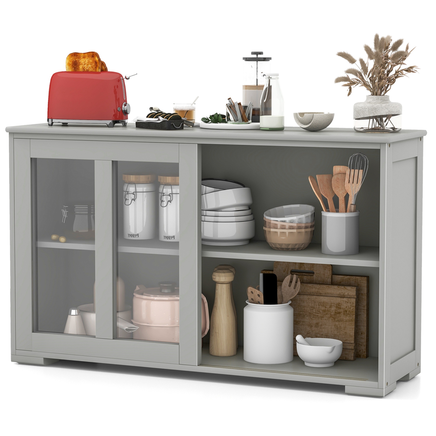 Ensemble de 2 buffet empilable à 2 portes avec portes coulissantes en verre trempé de Costway